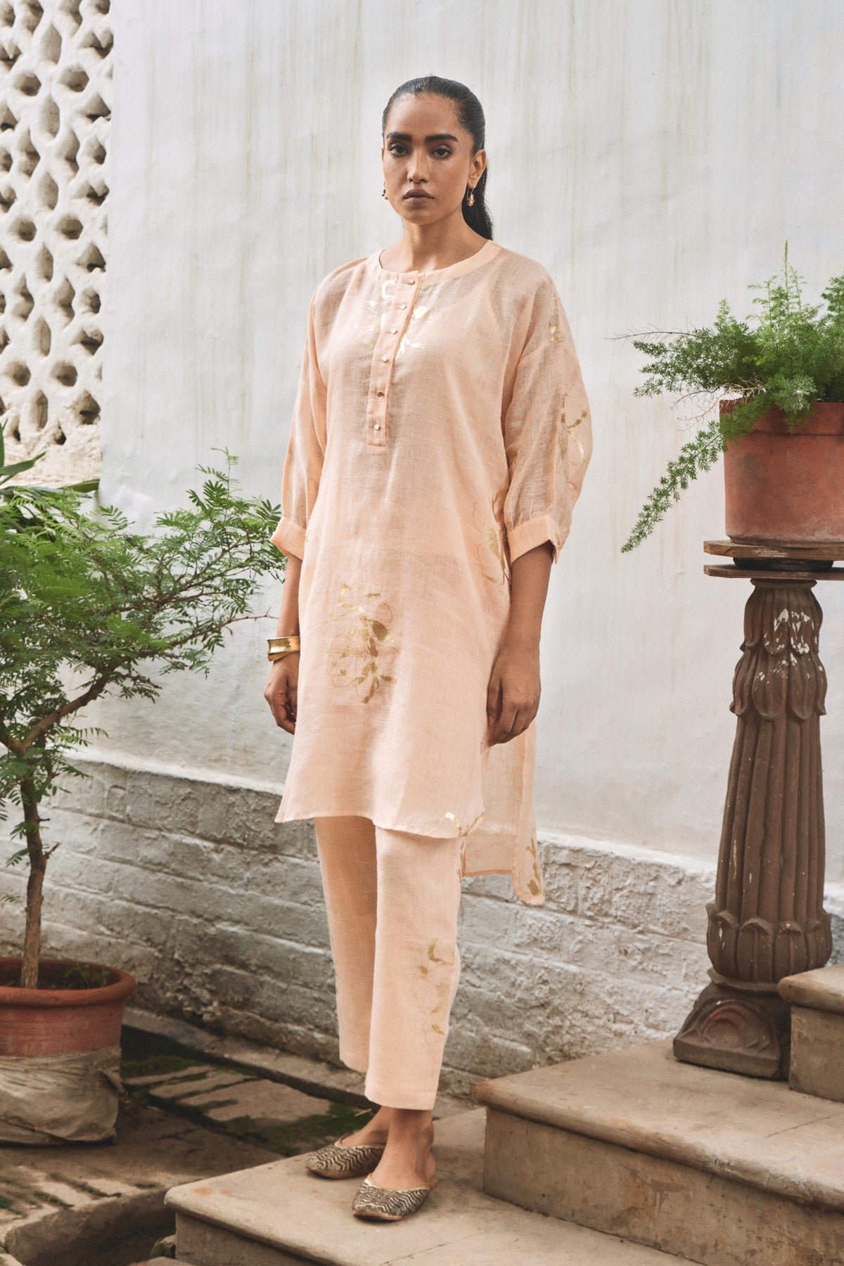 Peach Gauze Linen Kurta and Pant Co-ord Set