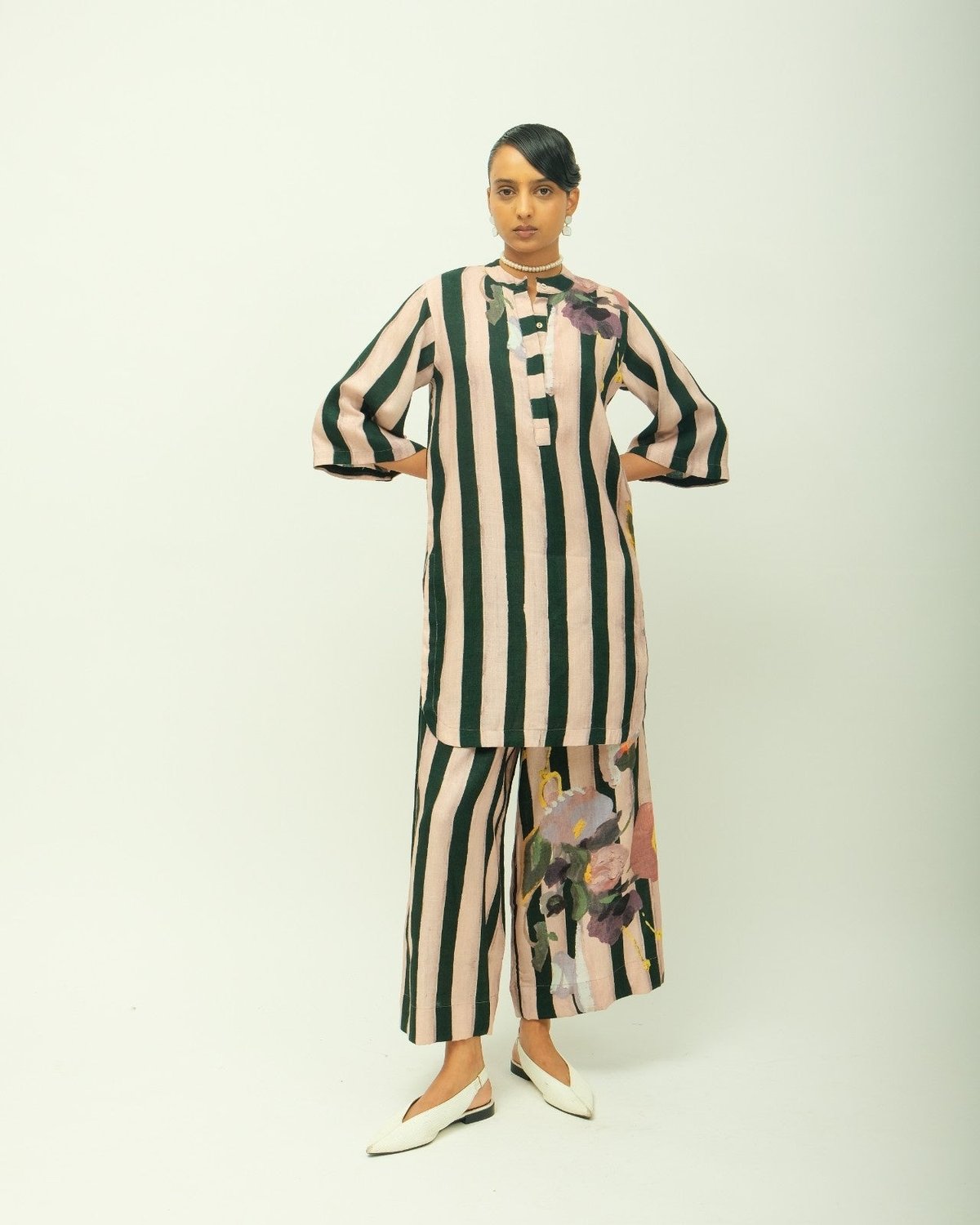 Soft Pink Striped Cotton Kurta with Mandarin Collar