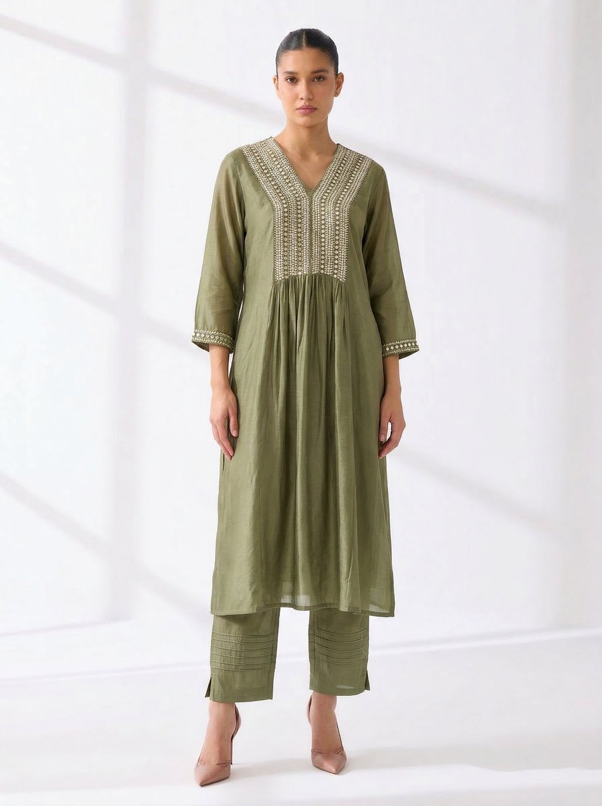 Moss Green Chanderi Kurta Set with Yoke Embroidery