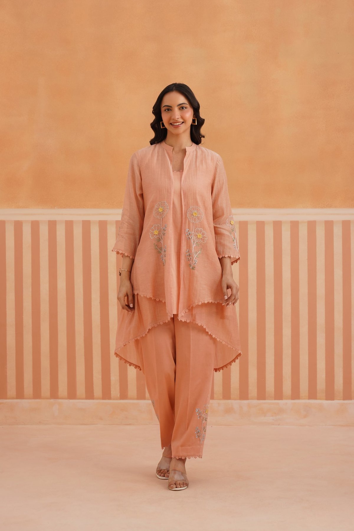 High-Low Embroidered Jacket Set with Inner and Pants