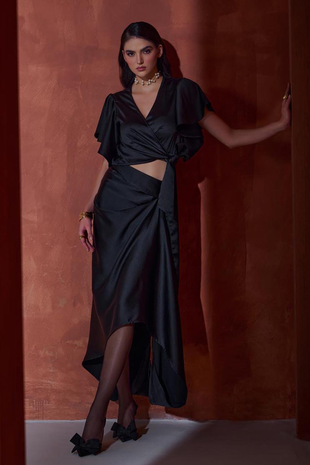 Black Satin Silk Wrap Top and Draped Midi Skirt Co-ord Set