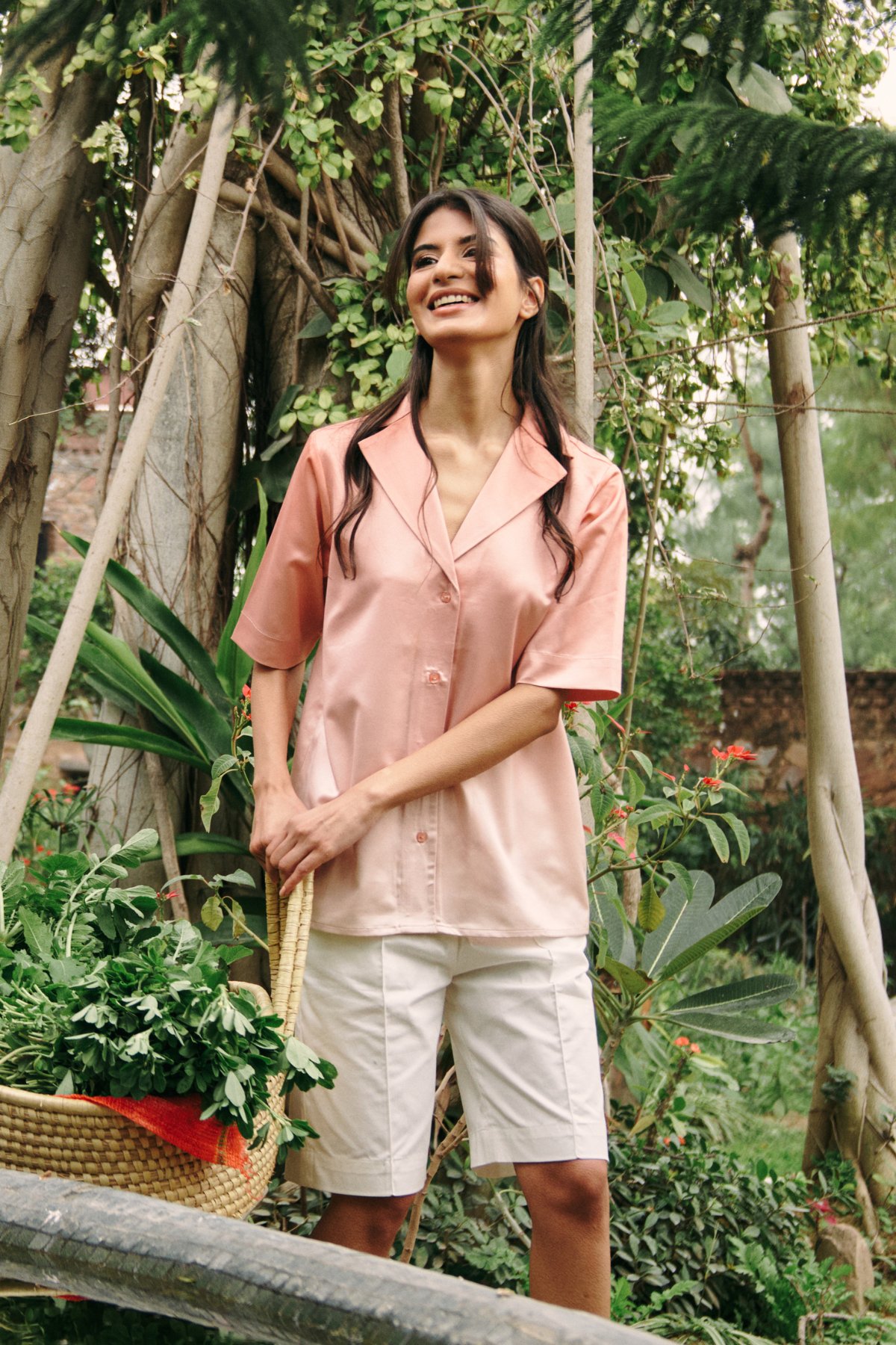 Peach Oversized Crepe Shirt Top with Lapel Collar