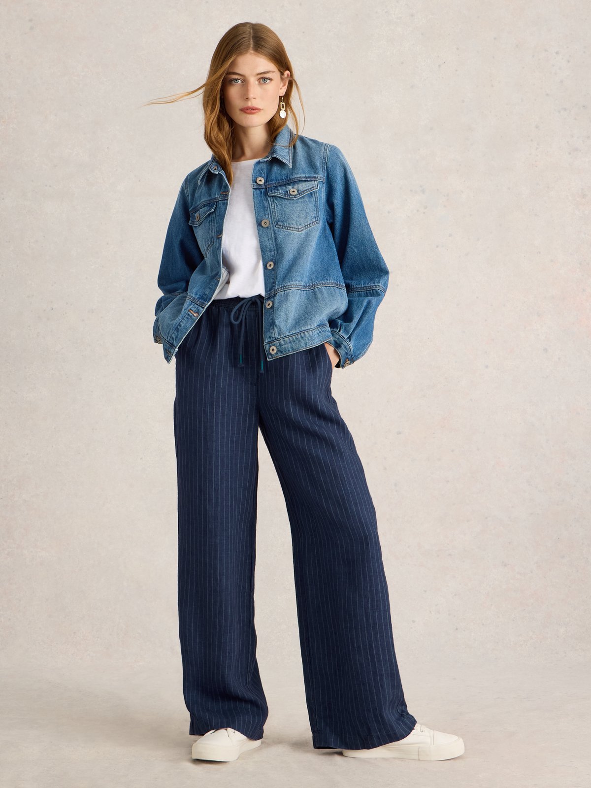 Navy Pinstripe Linen Wide-Leg Trousers