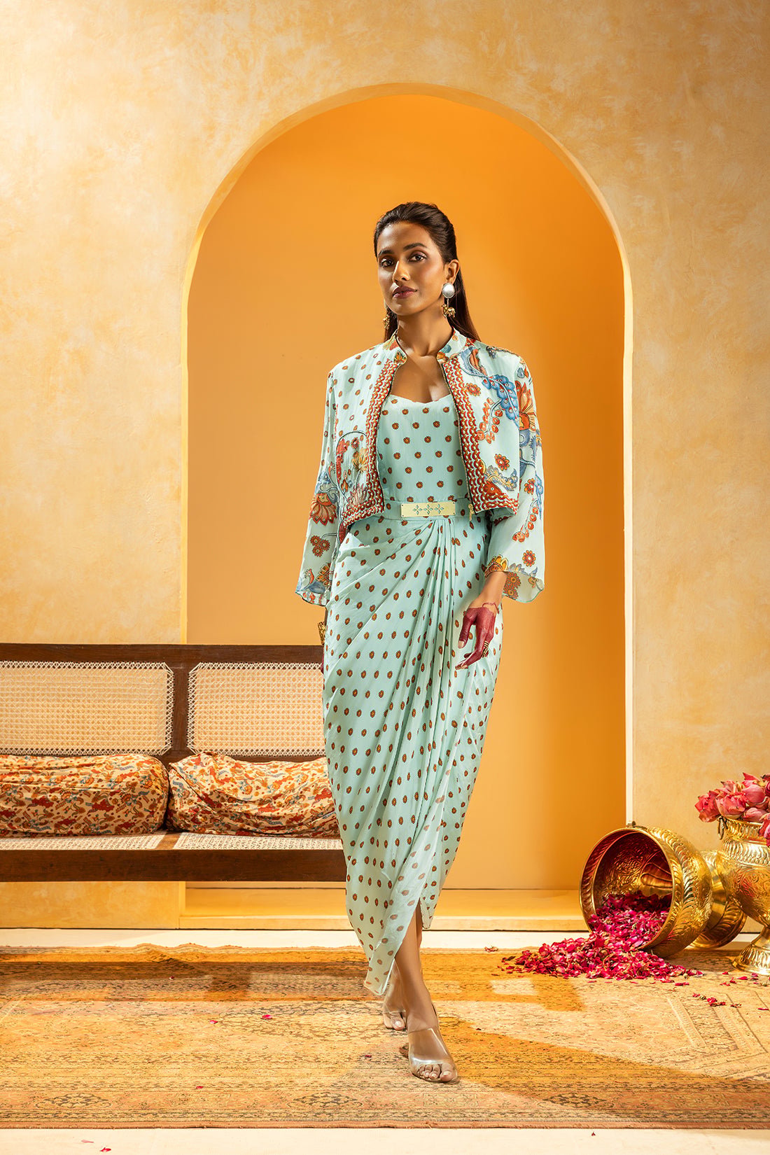 Blue Printed Drape Dress and Jacket Co-ord Set