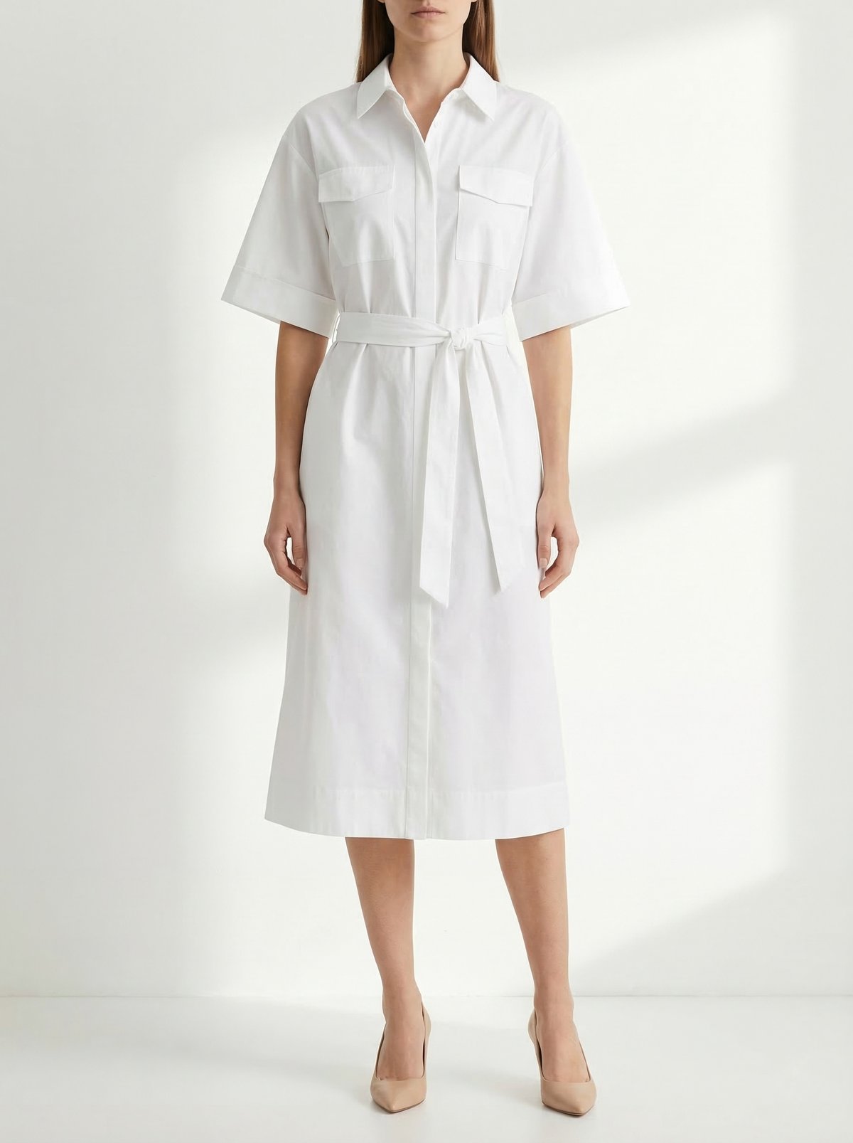Ivory Cotton Belted Shirt Midi Dress