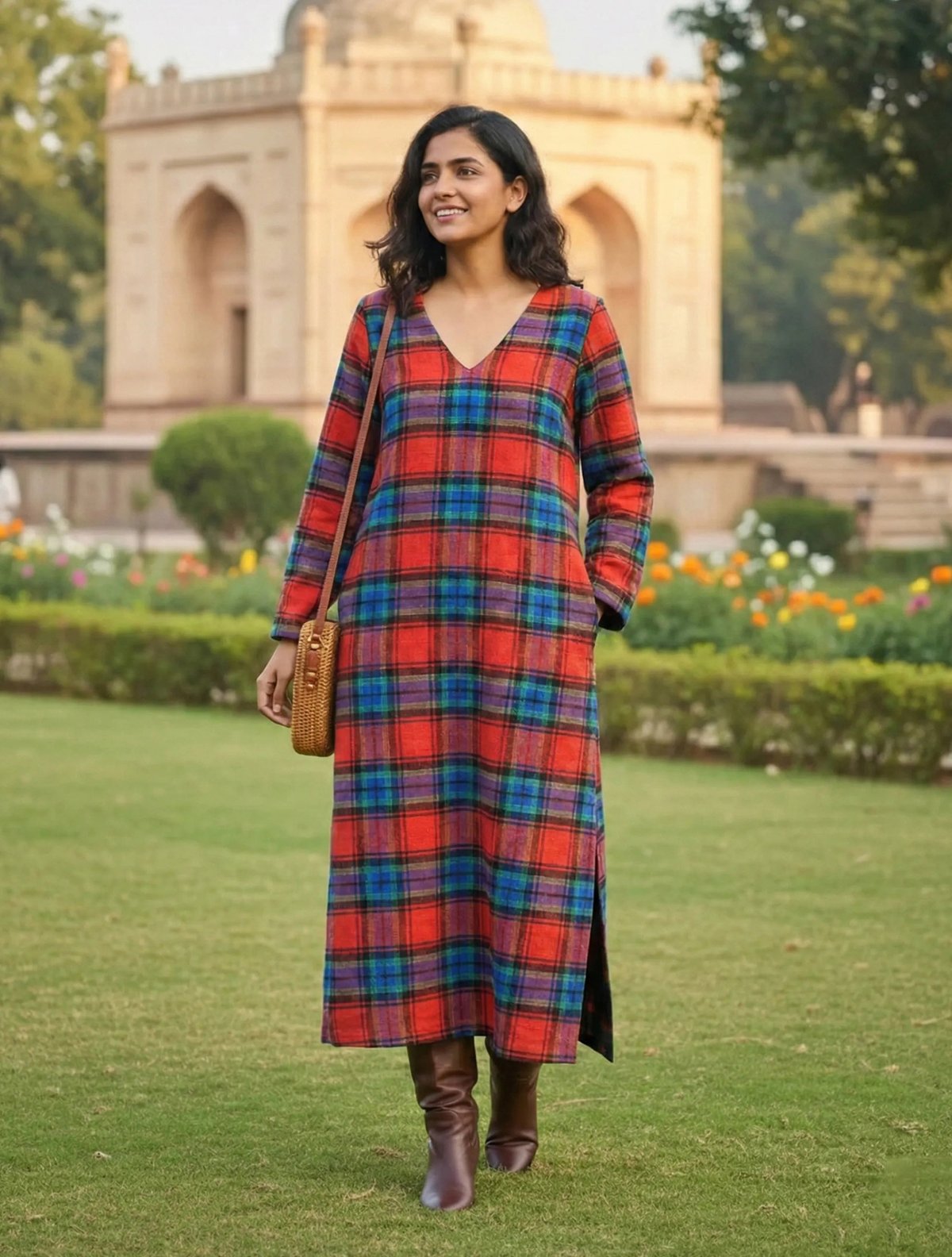 Red Blue Check Straight Maxi Woollen Dress
