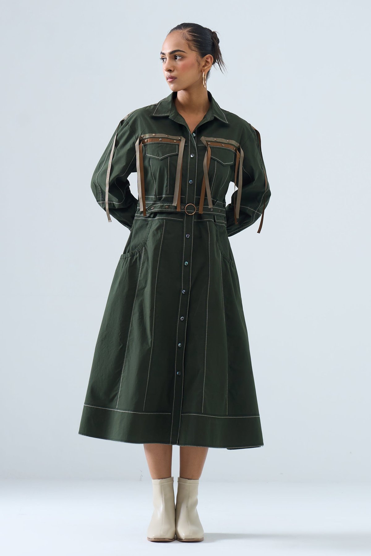 Olive Green Utility Shirt Dress with Belted Waist