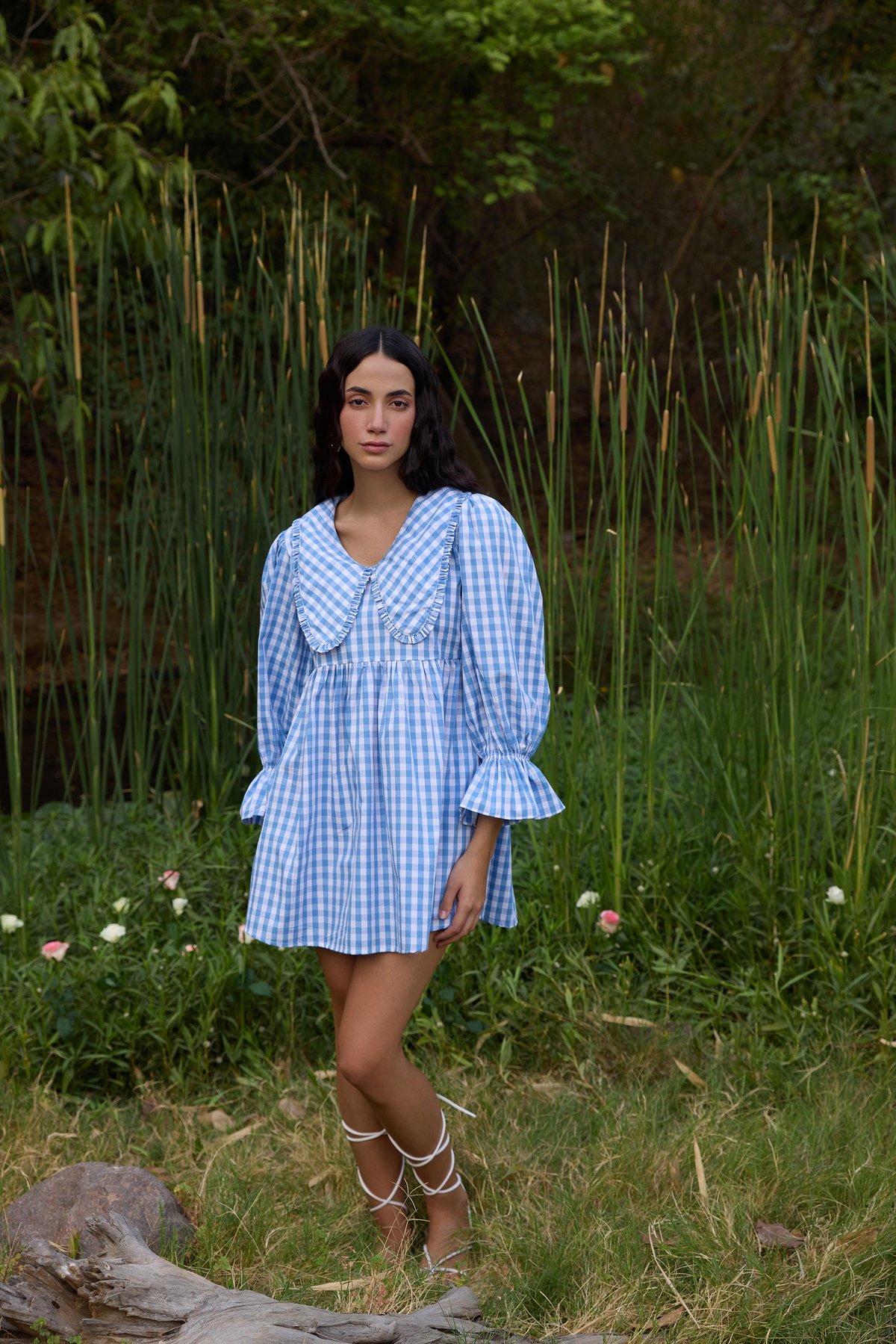 Blue Checked Fit and Flare Mini Dress with Peter Pan Collar