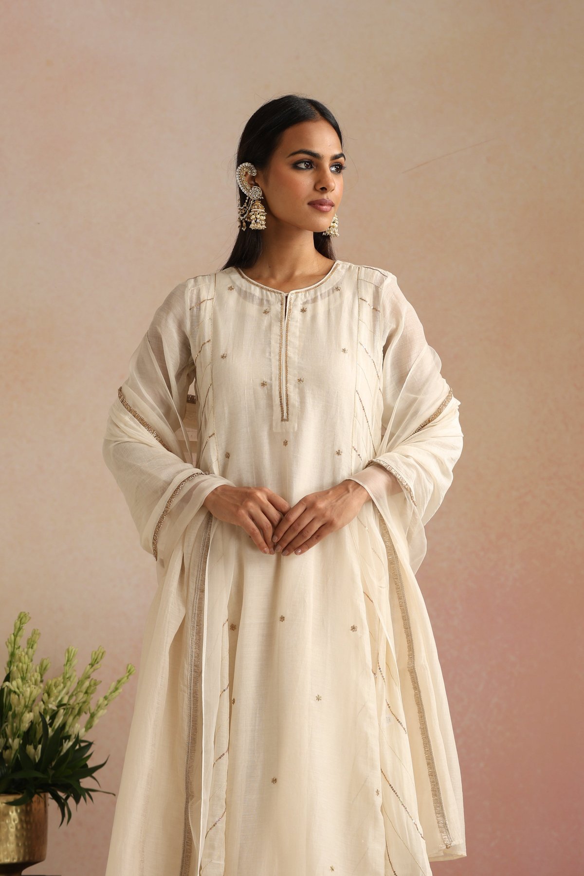 Ivory Silk Chanderi Embroidered Kalidar Kurta Set