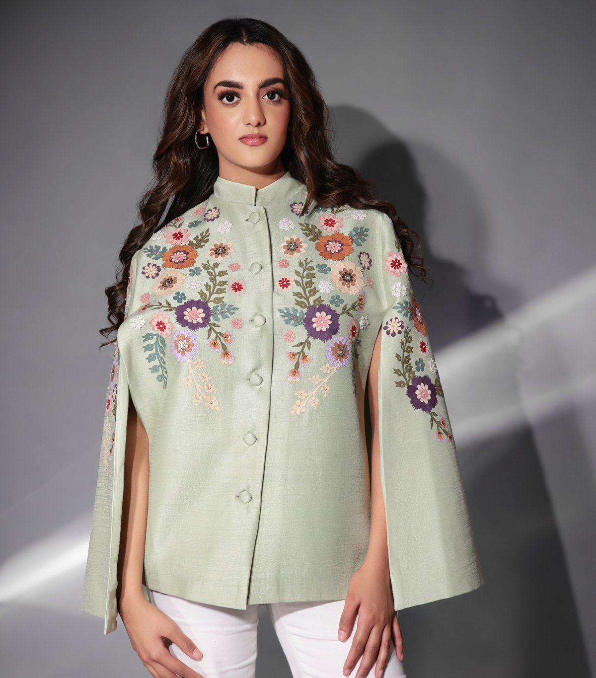 Aqua Bamber Silk Cape Jacket with Floral Applique