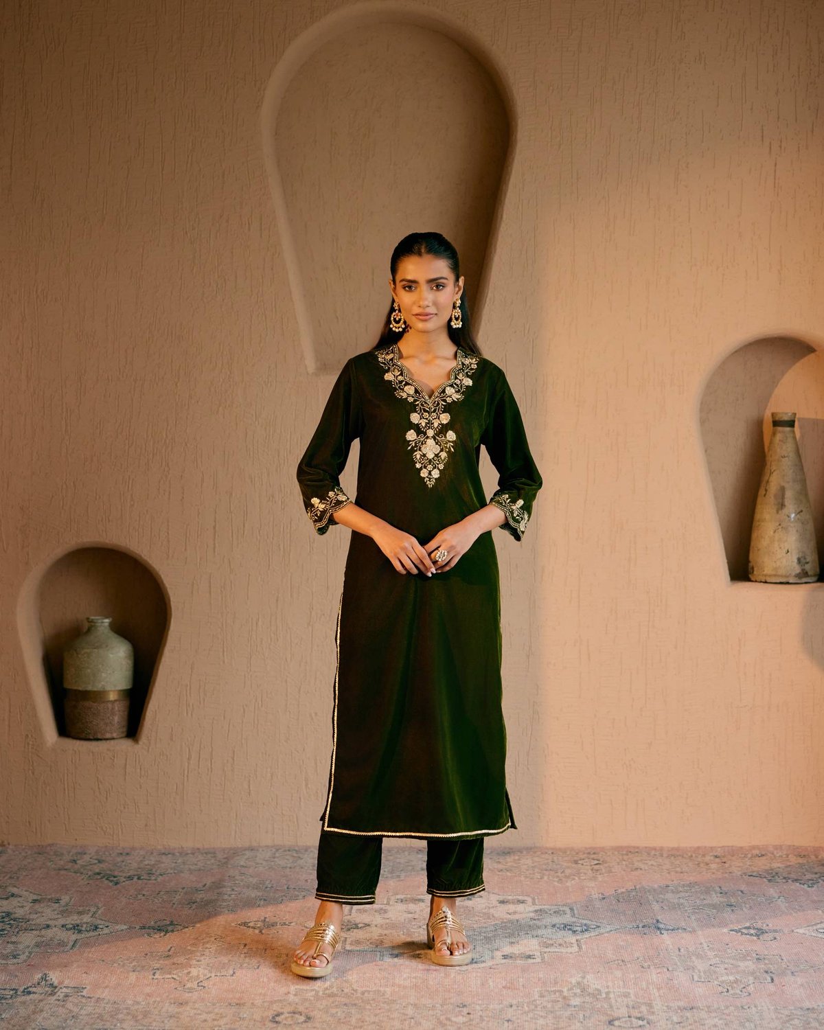 Olive Velvet Embroidered V-Neck Kurta Set with Pants