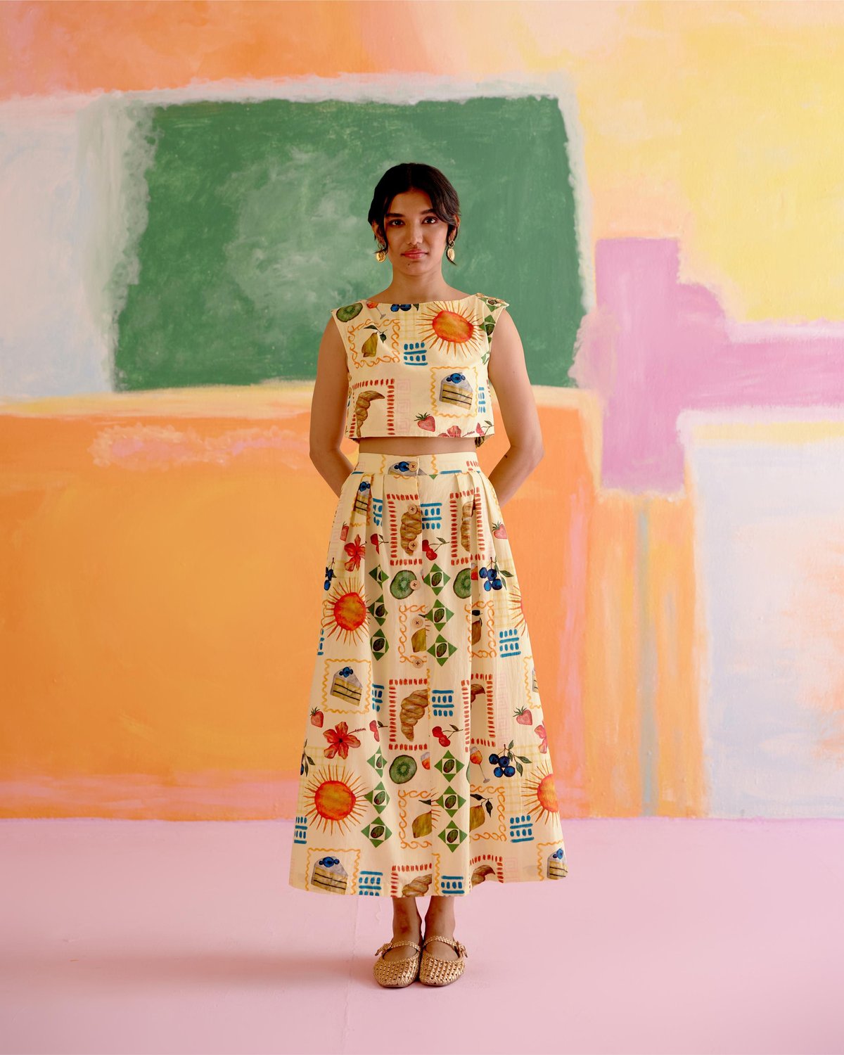 Yellow Printed Cotton Crop Top and Maxi Skirt Co-ord Set