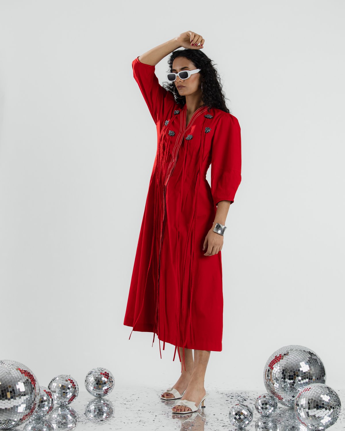 Red V-Neck A-Line Midi Dress with Tie-Up Detail