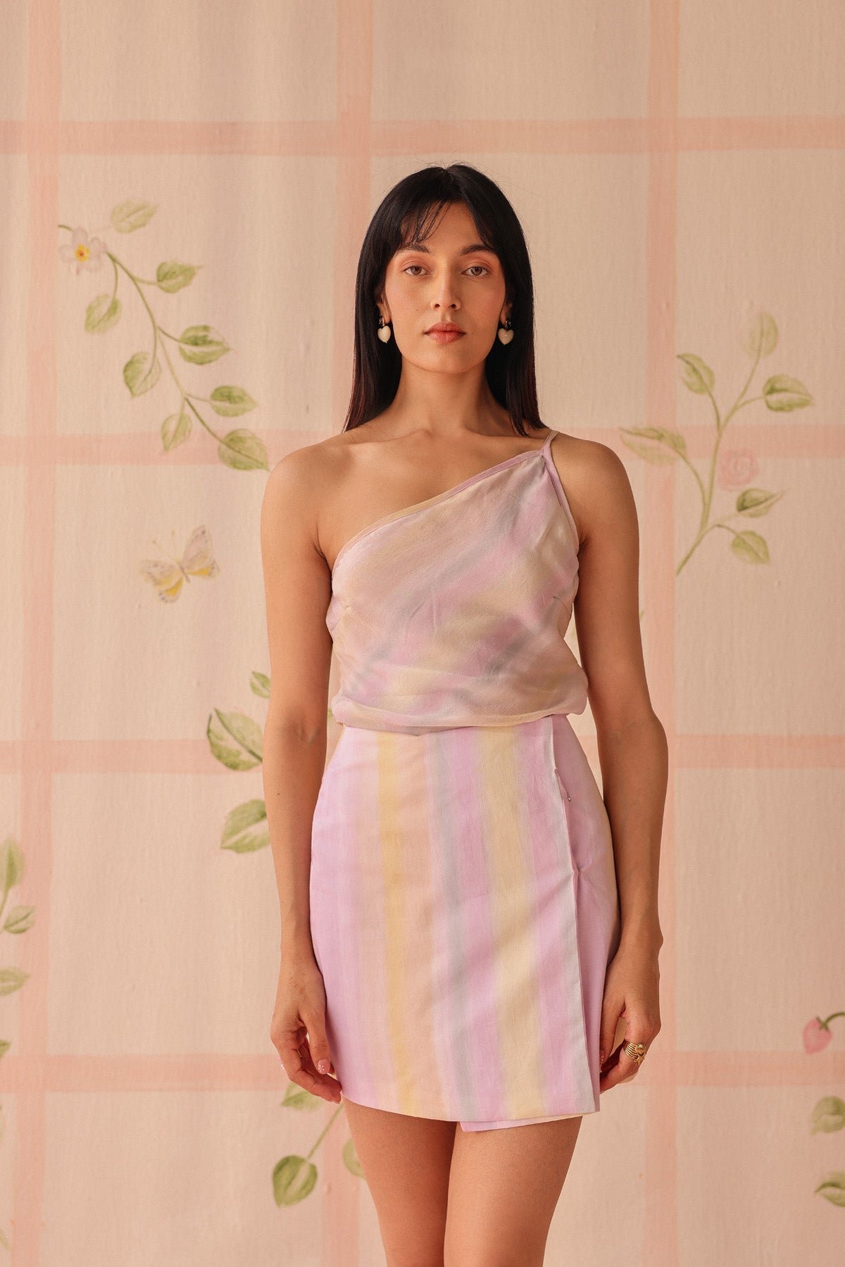 Lavender and Yellow Striped Cotton Satin Mini Skirt