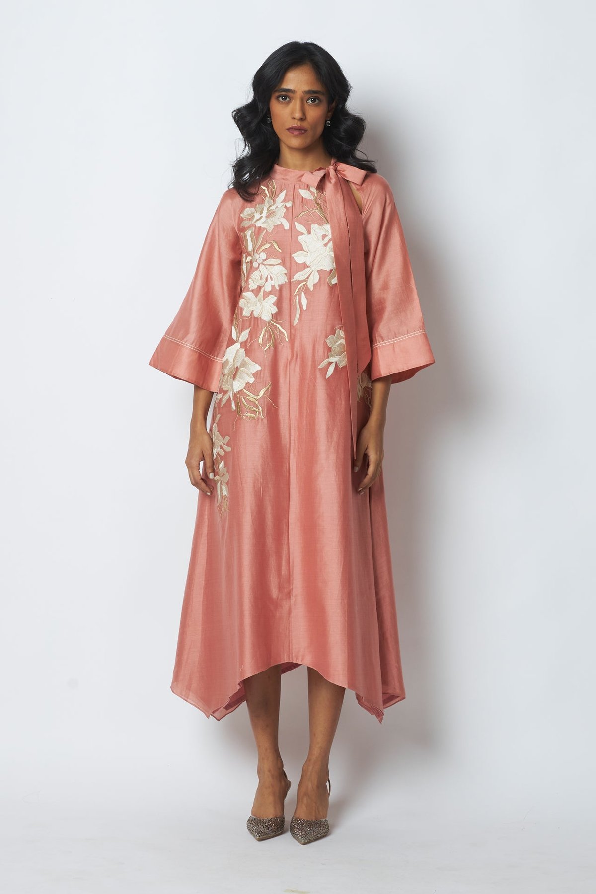 Old Rose Embroidered Achkan-Style Hi-Low Midi Dress