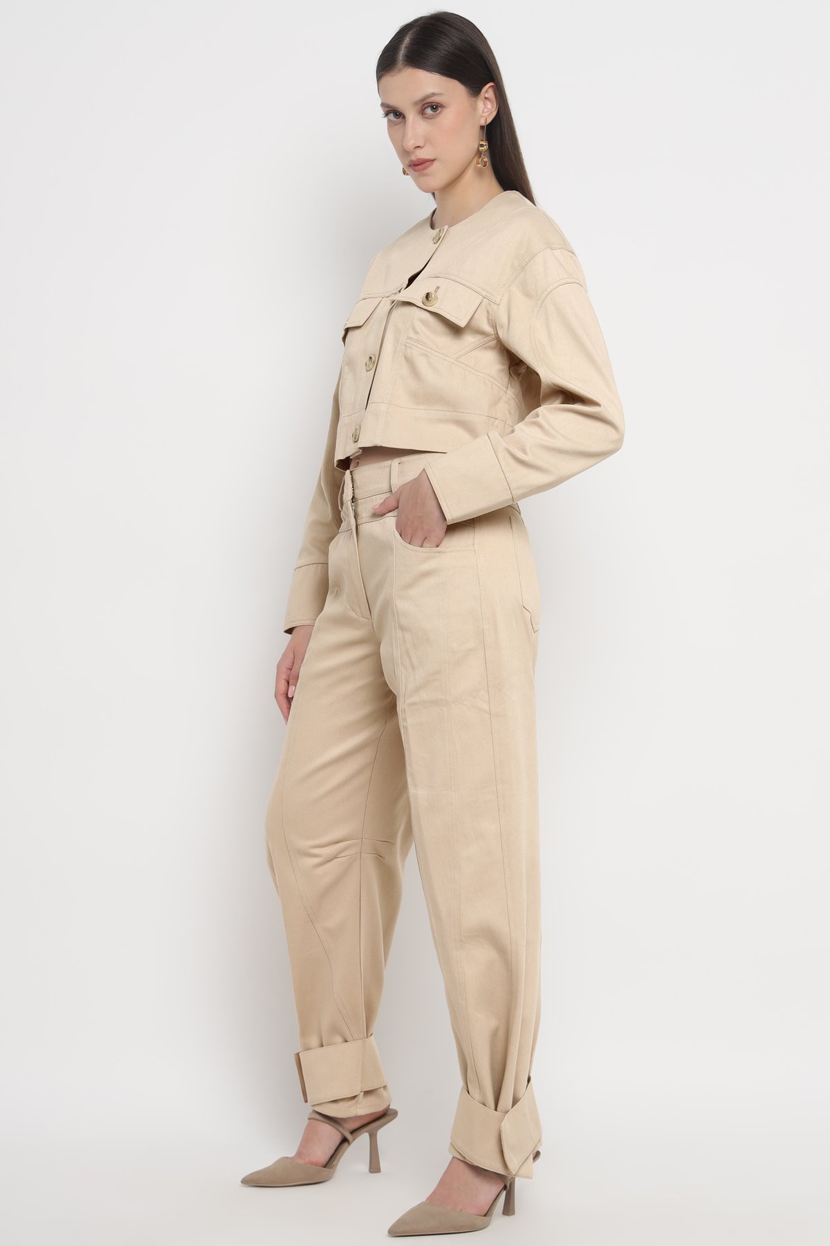 Beige Sand High-Rise Straight-Leg Utility Trousers