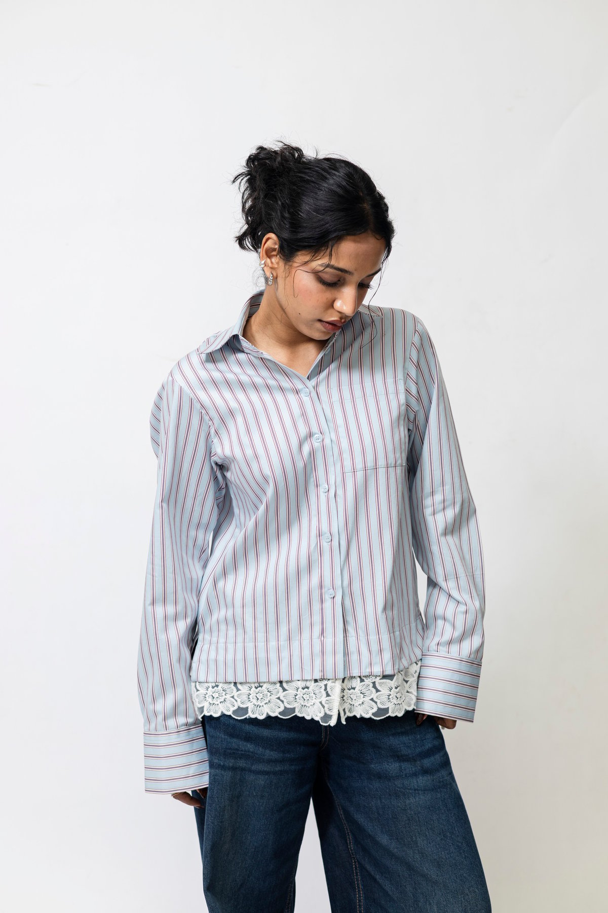Blue Red Striped Shirt with Detachable Lace Hem