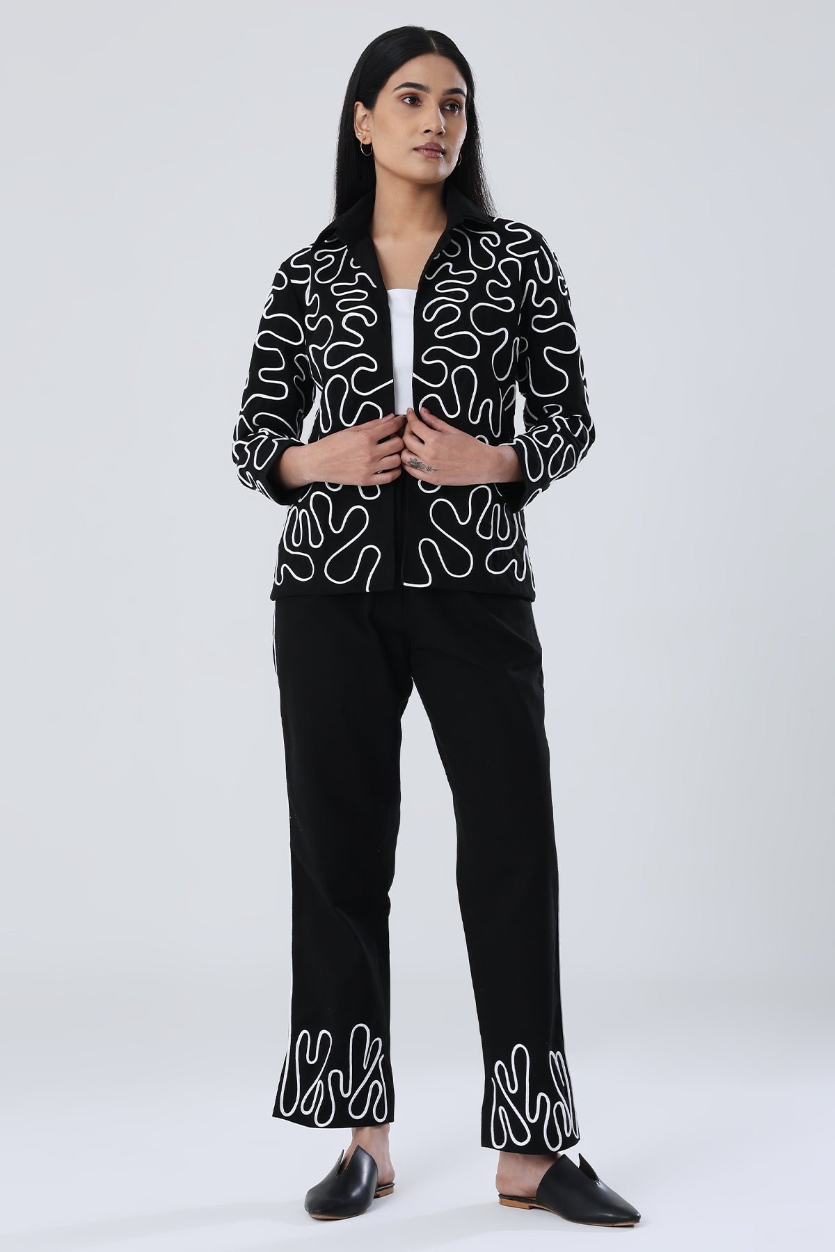 Black Organic Cotton Twill Blazer with White Dori Work
