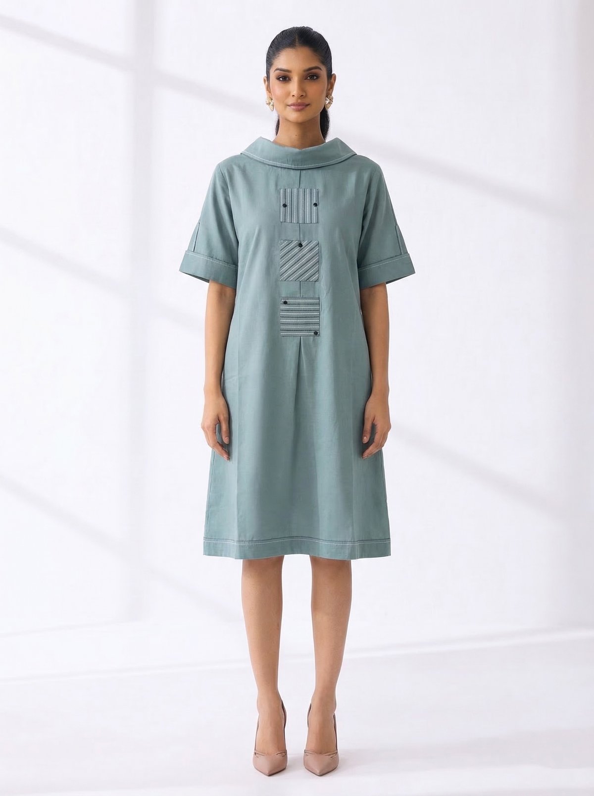 Aqua Cotton Muslin Knee-Length Shift Dress