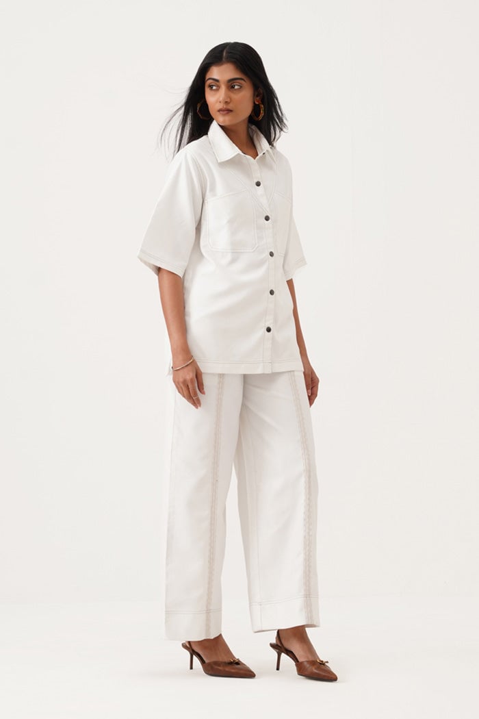 Pearl Cotton Denim Shirt and Wide-Leg Pants Co-ord Set