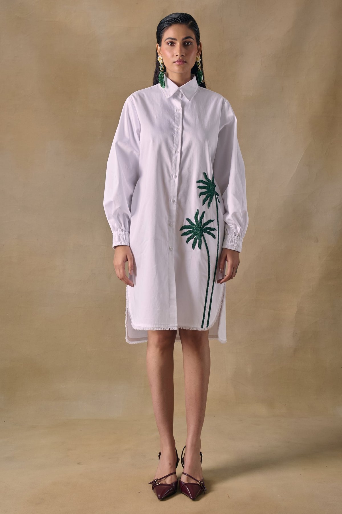 White Cotton Satin Shirt Dress with Palm Embroidery