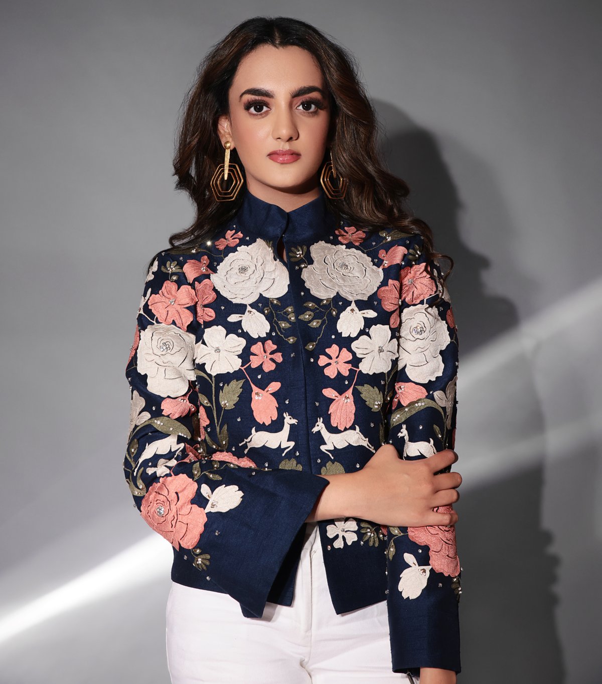 Navy Bamber Silk Applique Embroidered Tailored Jacket