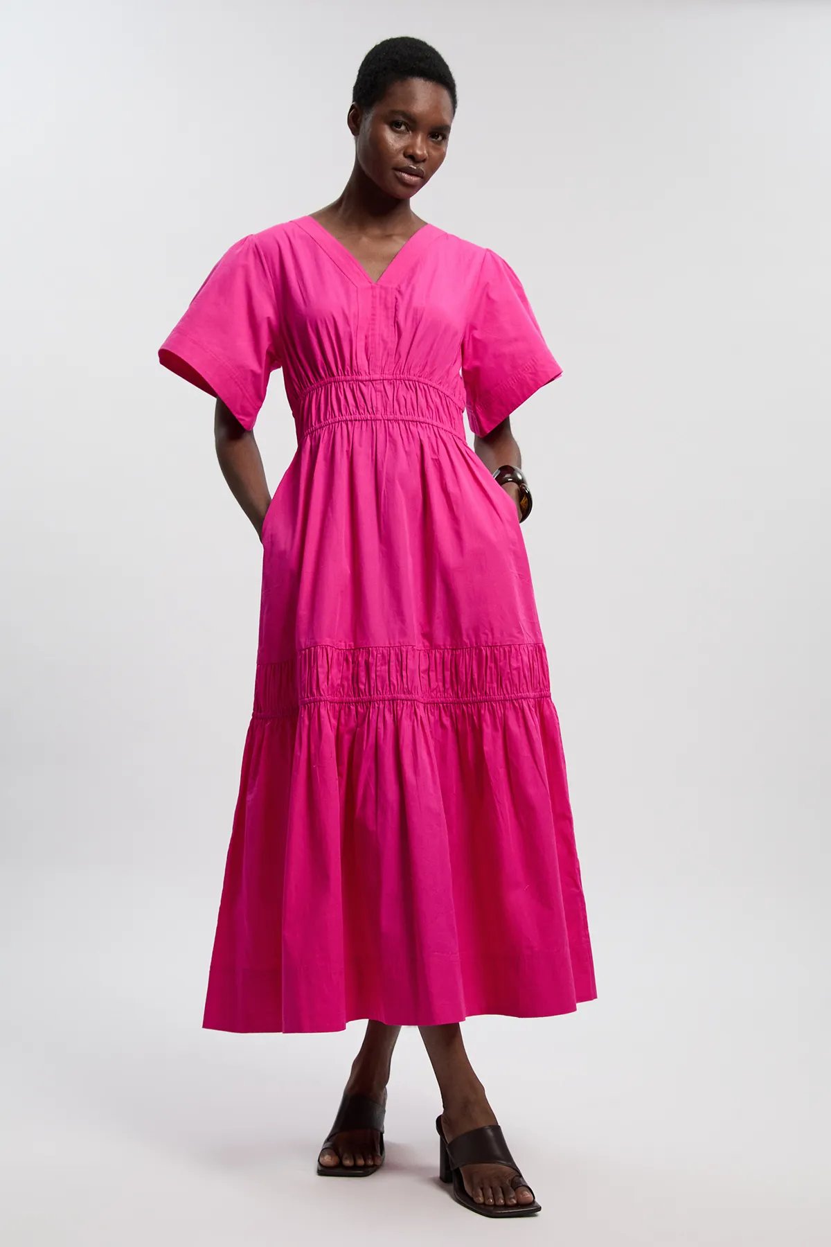 Hot Pink Tiered Maxi Dress with V-Neck