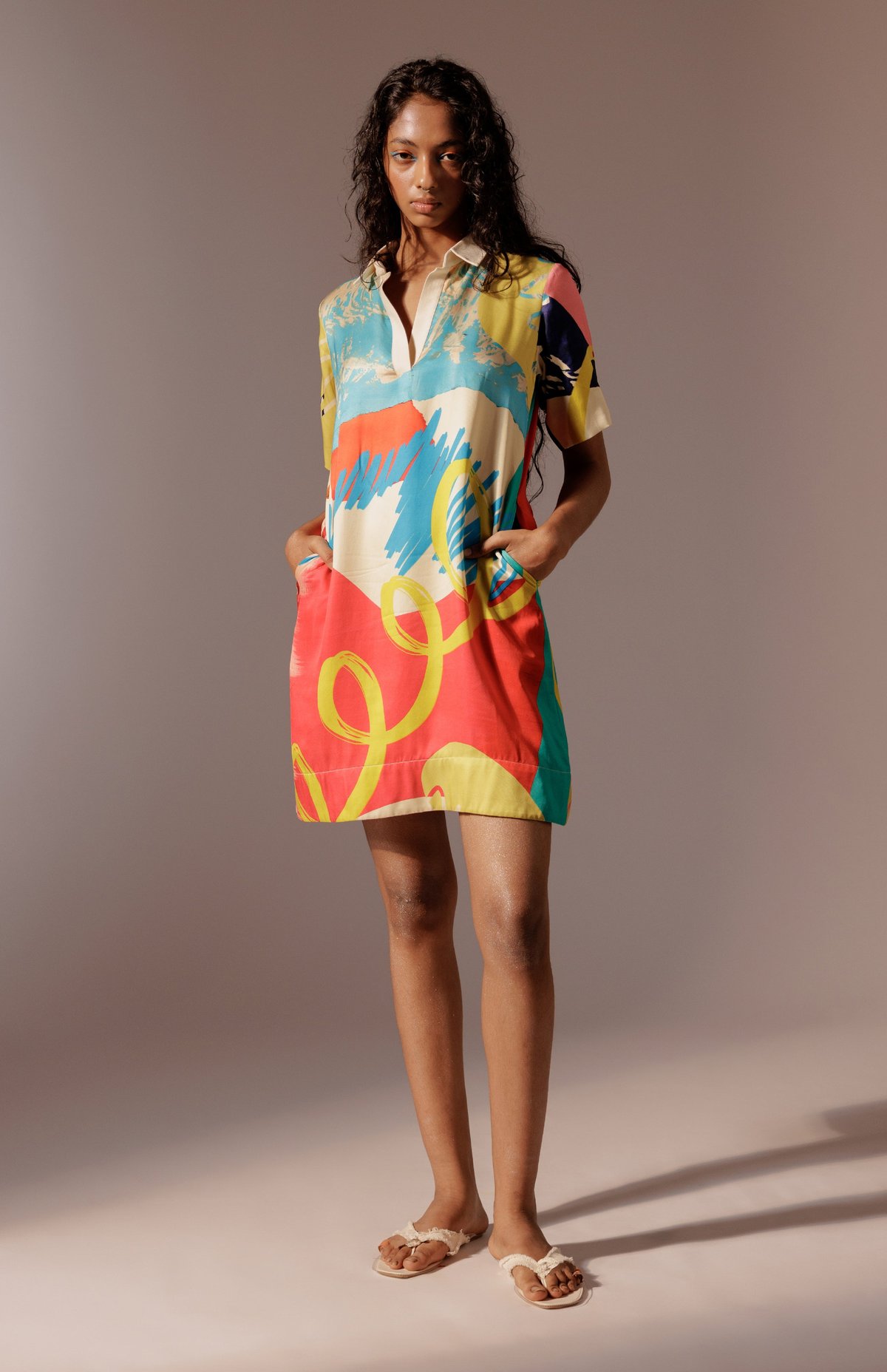 Multicolour Abstract Print Satin Shift Mini Dress