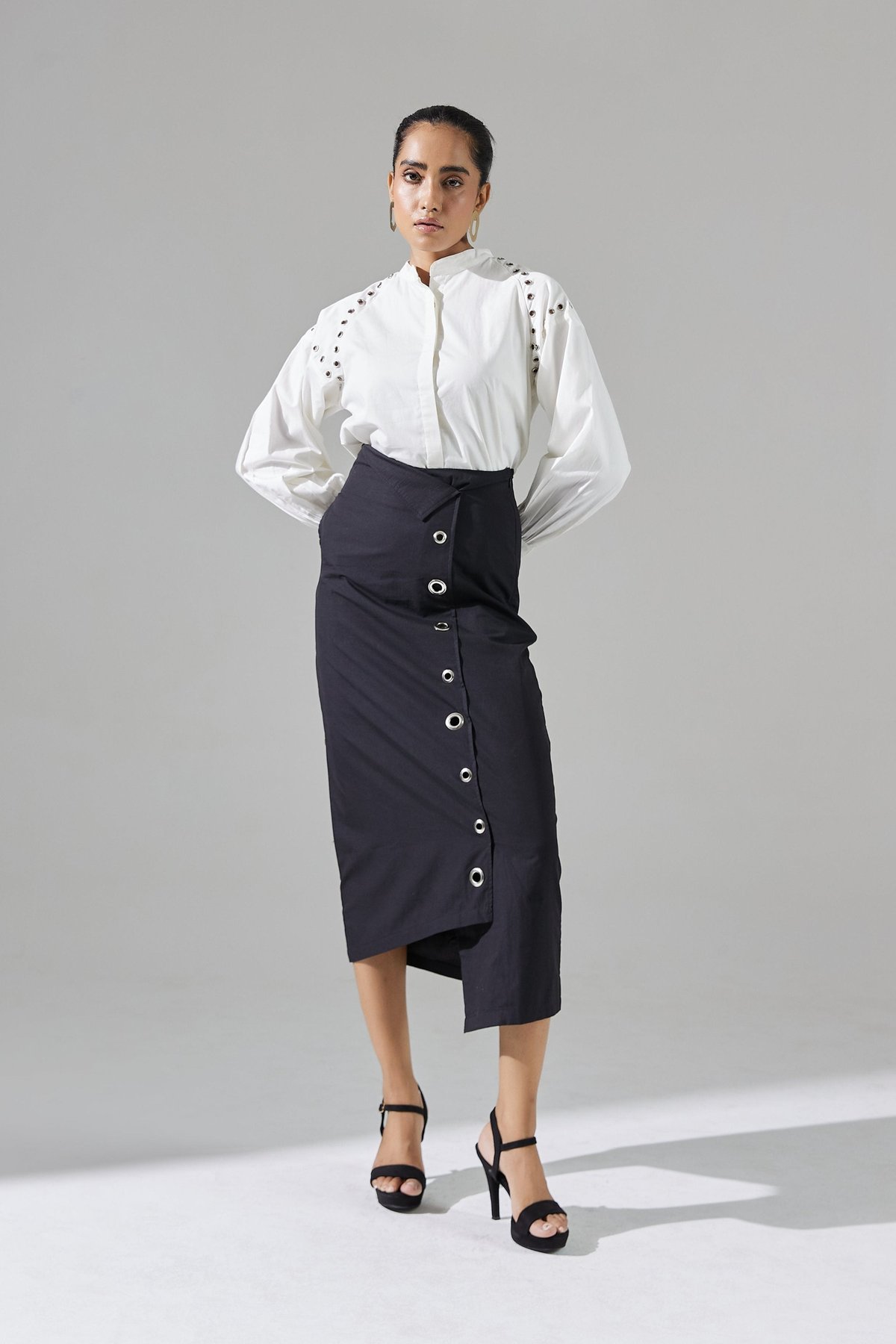 Black and White Shirt and Midi Skirt Co-ord Set