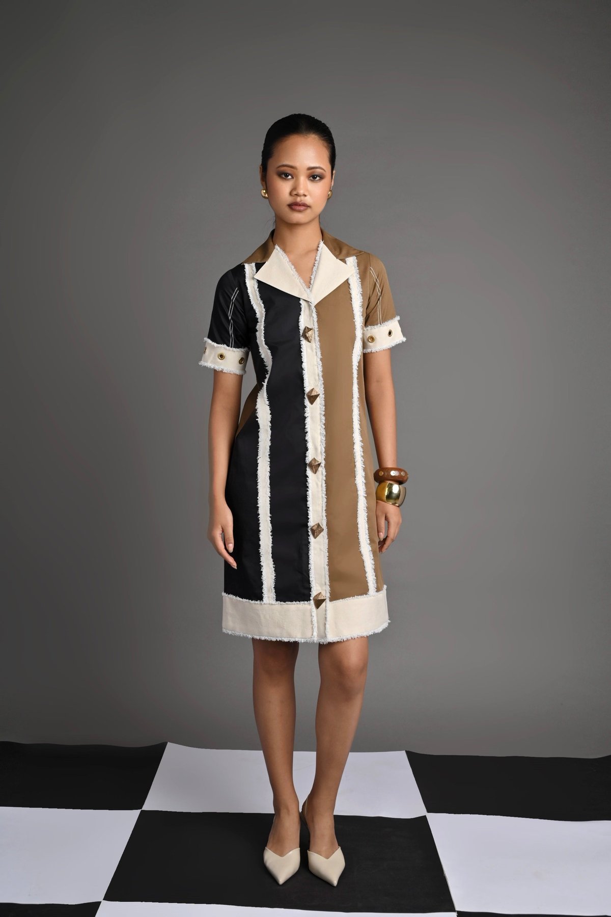 Olive and Black Colorblocked Knee-Length Shirt Dress