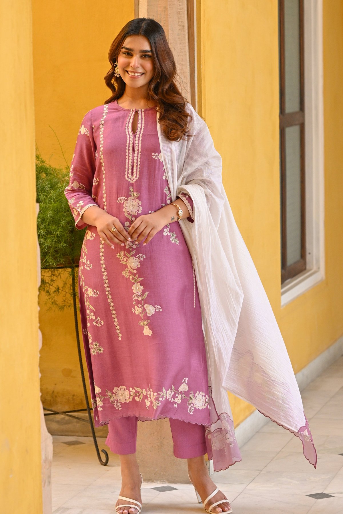Purple and Off White Placement Print Muslin Suit with Scallope Border-SET OF-3