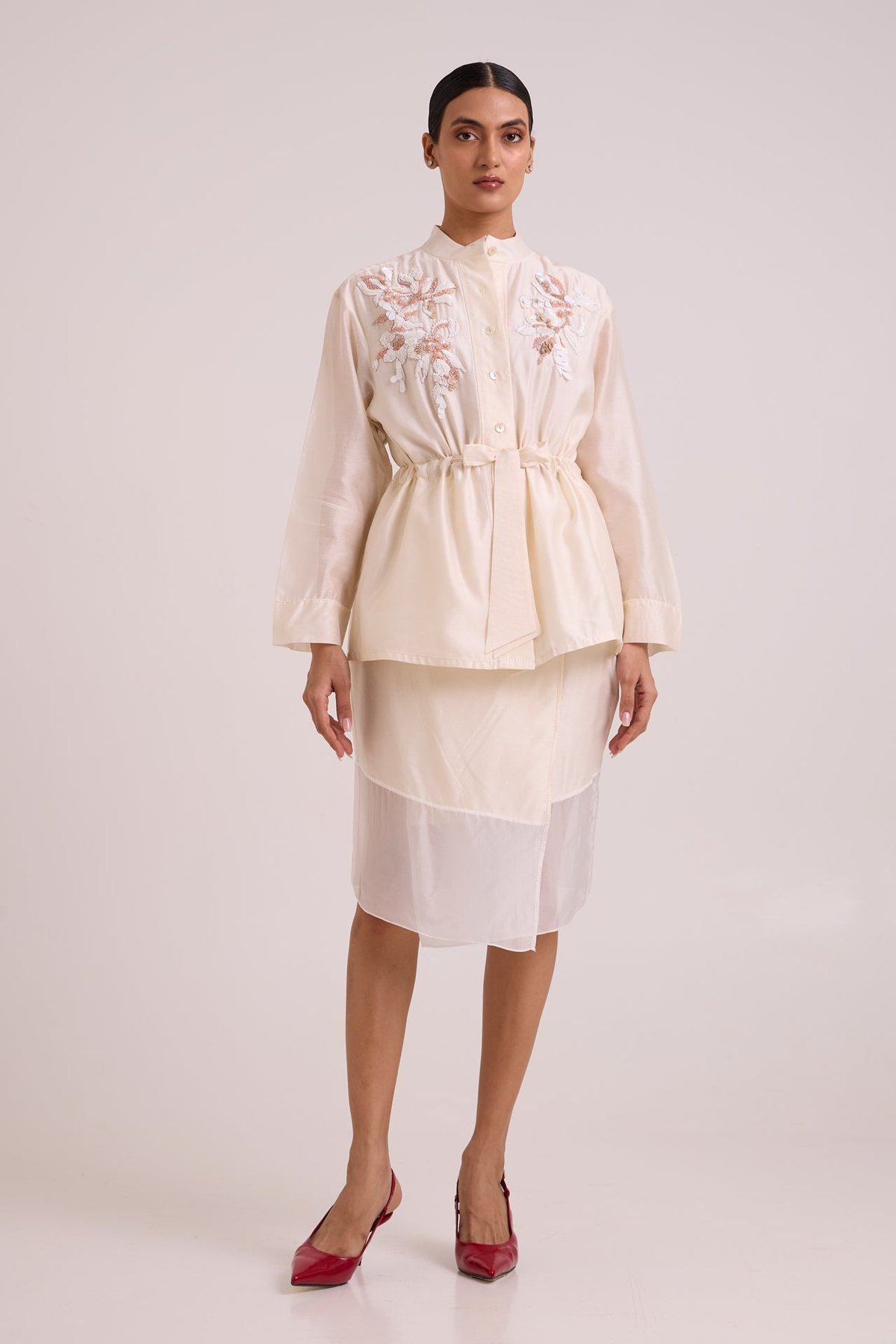Cream Embroidered Drawstring Top and Midi Skirt Co-ord Set