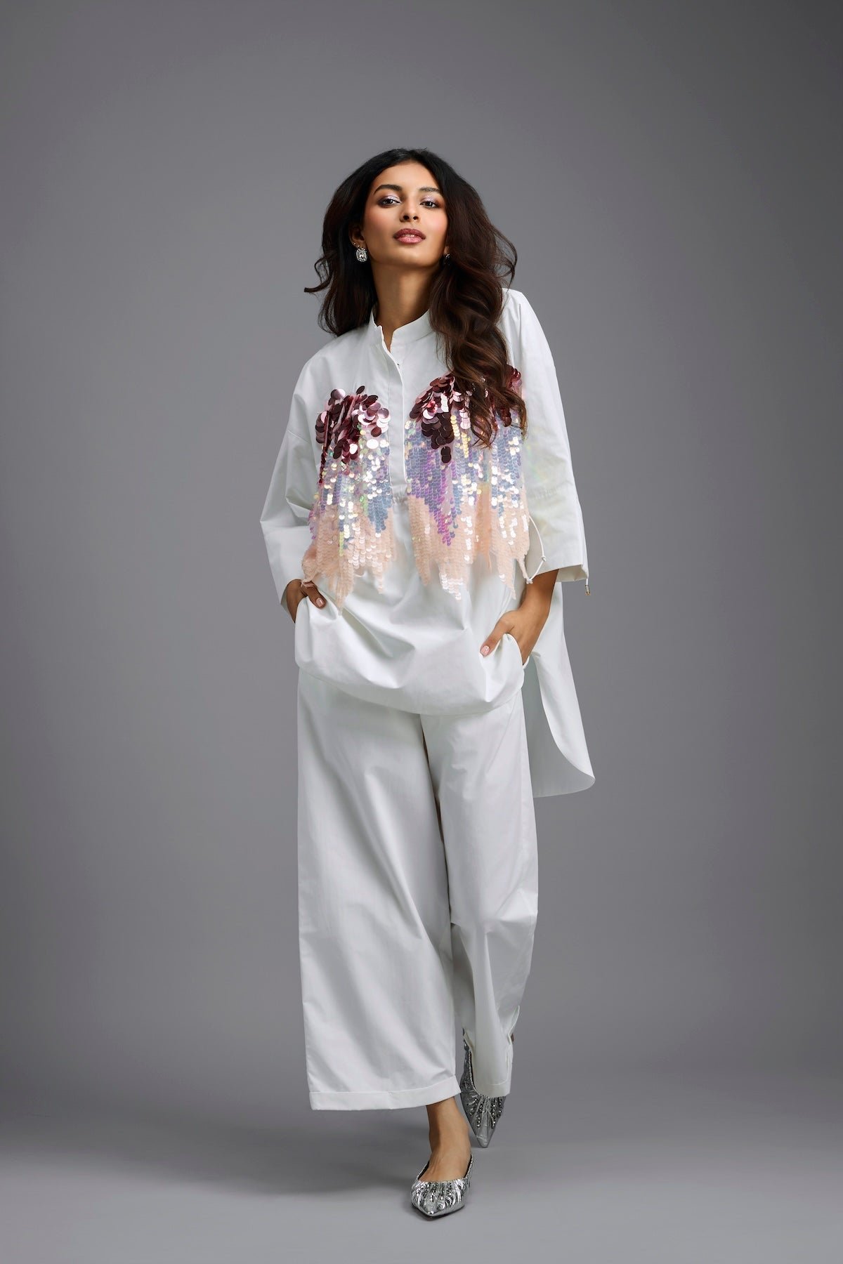 Oversized Sequin Shirt with Wide-Leg Pants