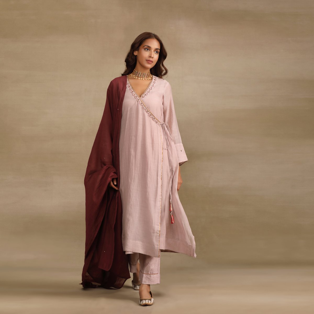 Mauve Silk Chanderi Angrakha Kurta Set with Hand Embroidery