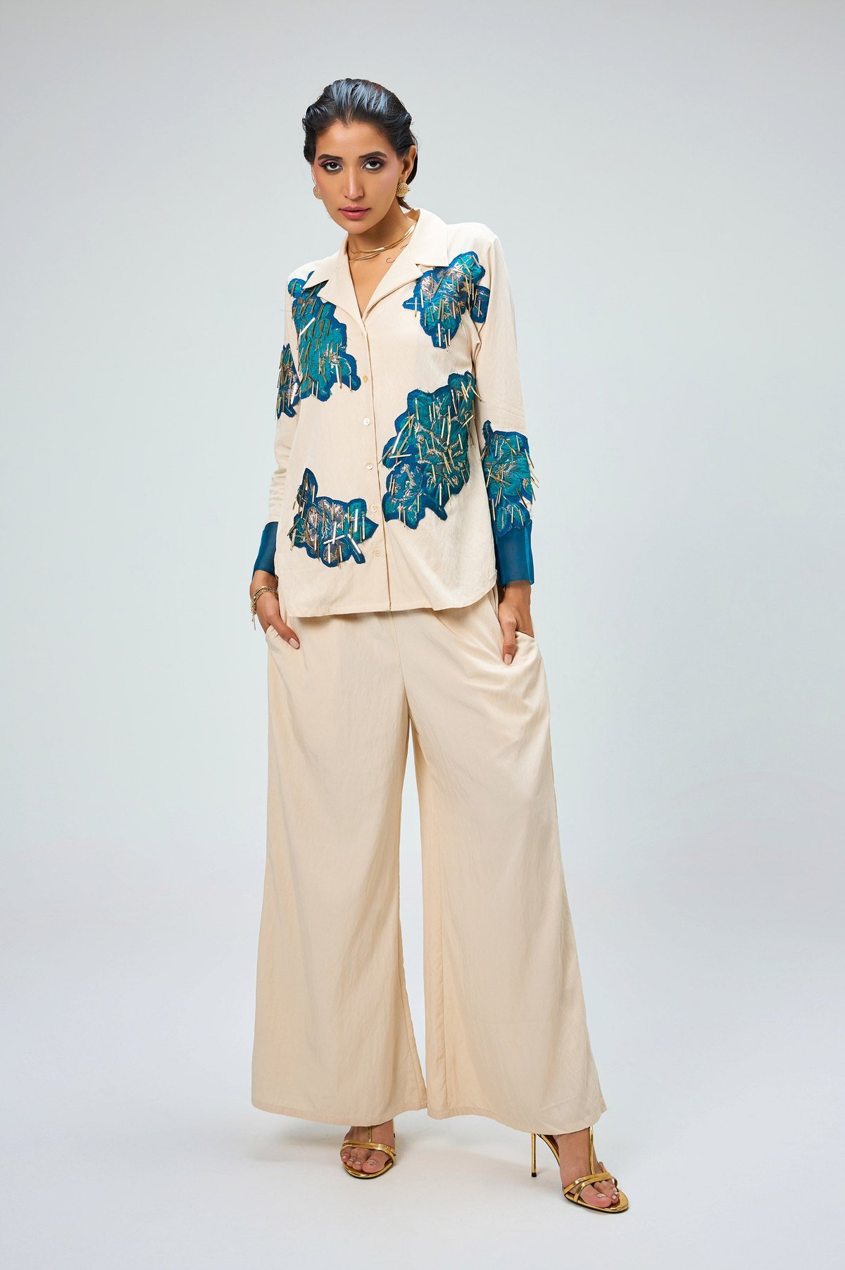 Ivory Applique Shirt and Wide-Leg Pants Co-ord Set