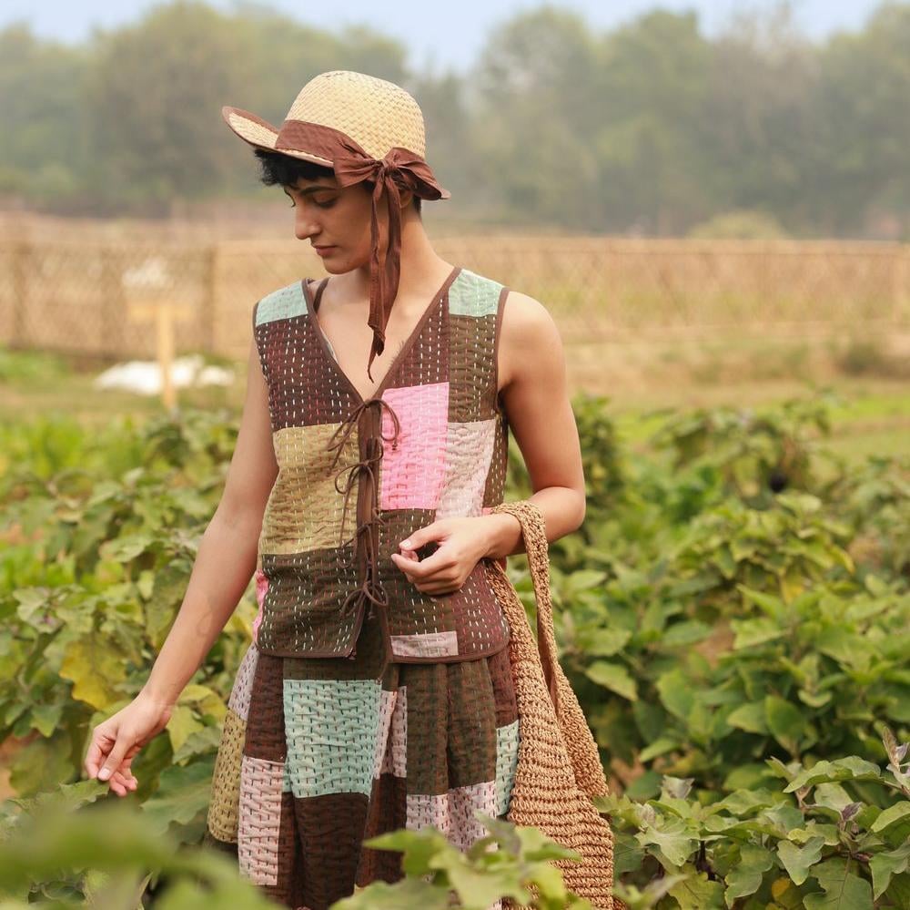 Multicolor Patchwork Tie-Up Waistcoat
