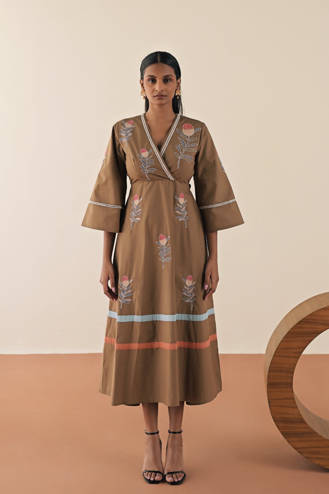 Walnut Embroidered Cotton Poplin Midi Dress