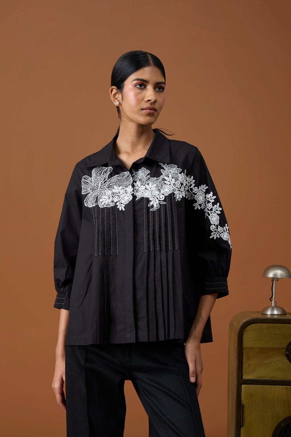 Black Cotton Poplin Shirt with Lace Yoke Detail