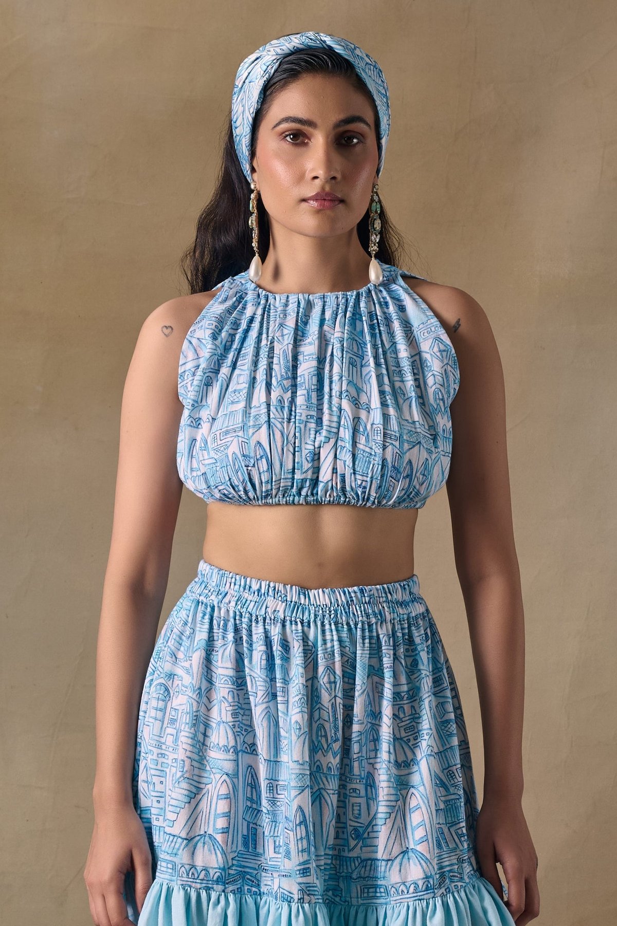Blue Landscape Printed Halter Neck Gathered Crop Blouse
