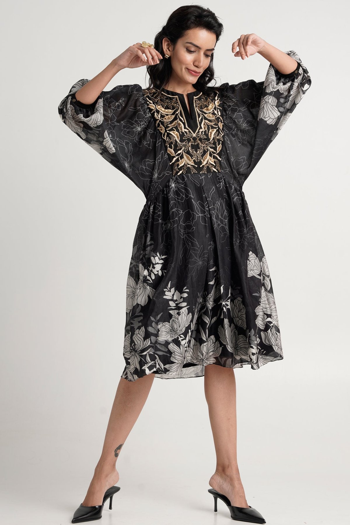 Black Knee-Length Fit and Flare Dress with Gold Embroidery