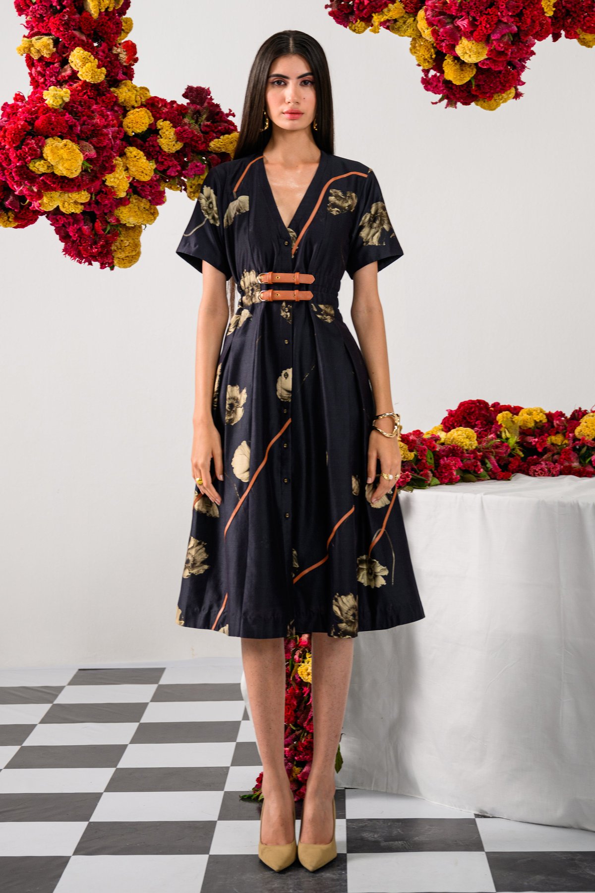 Black Floral Fit and Flare Midi Dress with Double Belt
