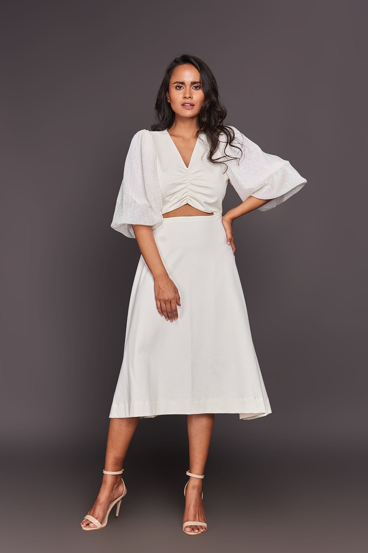 Front Cutout Sequin Puff Sleeves Midi Dress