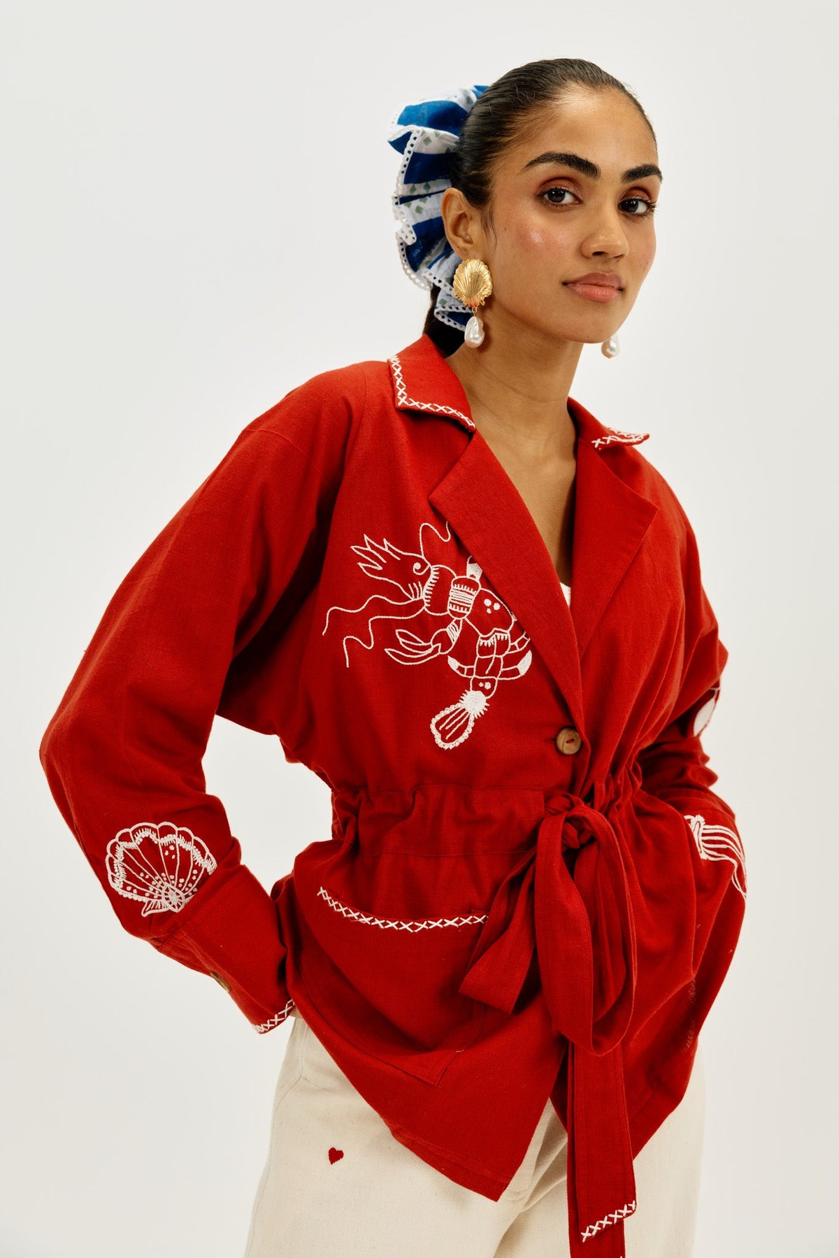 Red Handloom Cotton Embroidered Shacket Blazer