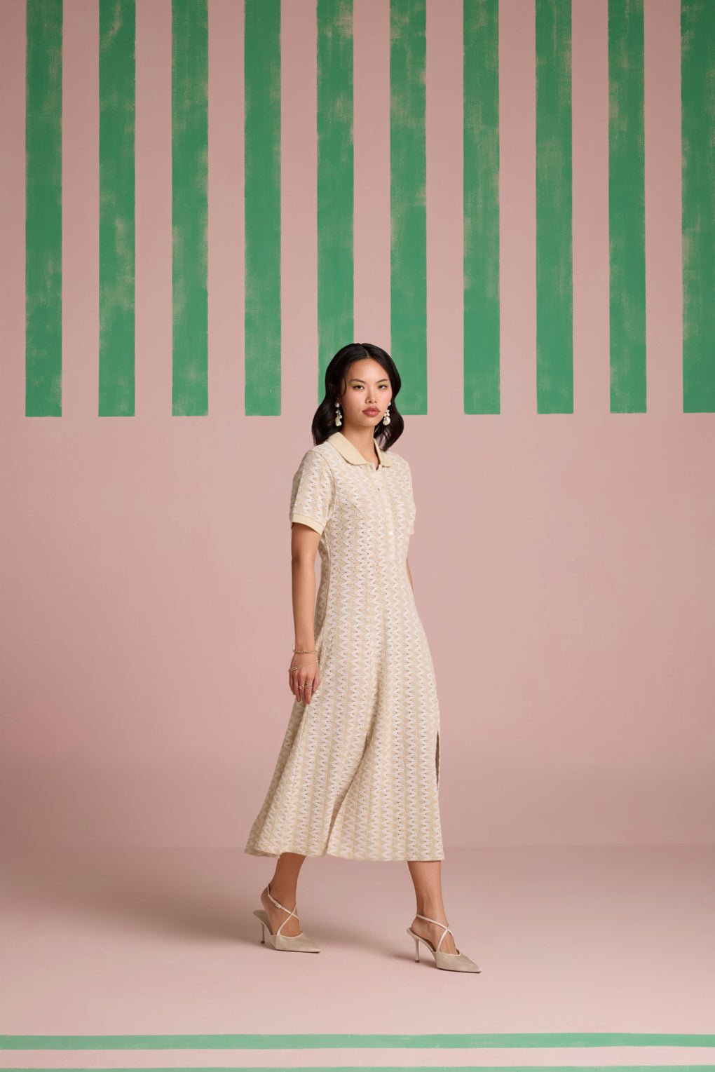 Beige Cotton Crochet Collared Midi Dress with Button Placket