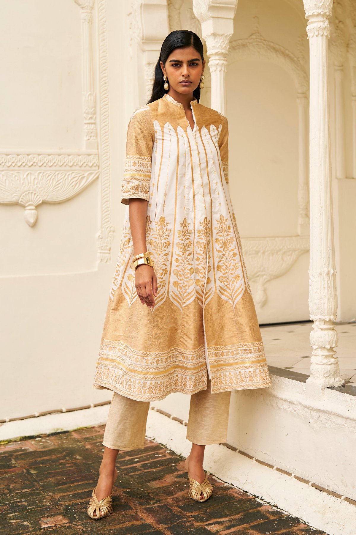 Ivory Gold Benares Silk Brocade Longline Jacket