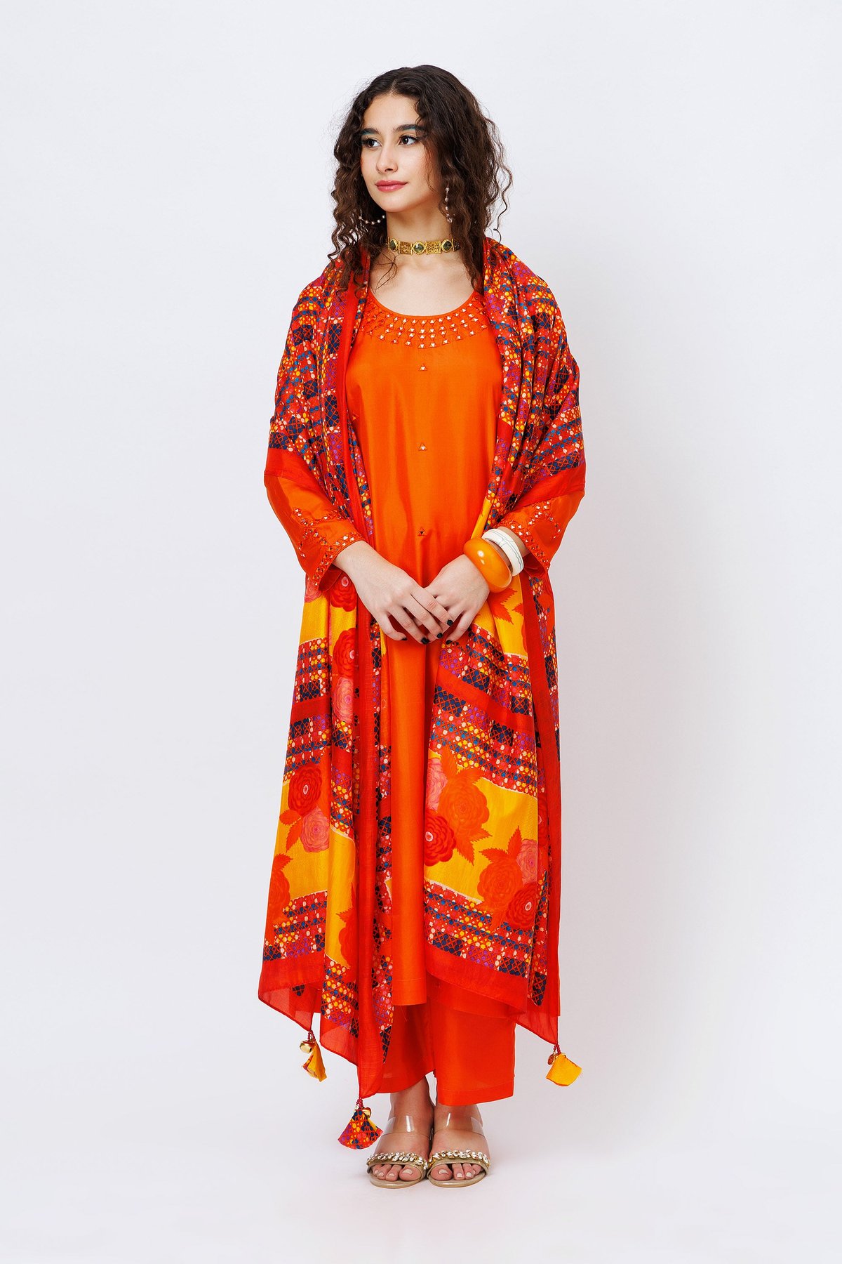 Orange Silk Mirror-Work Kurta Set with Printed Dupatta