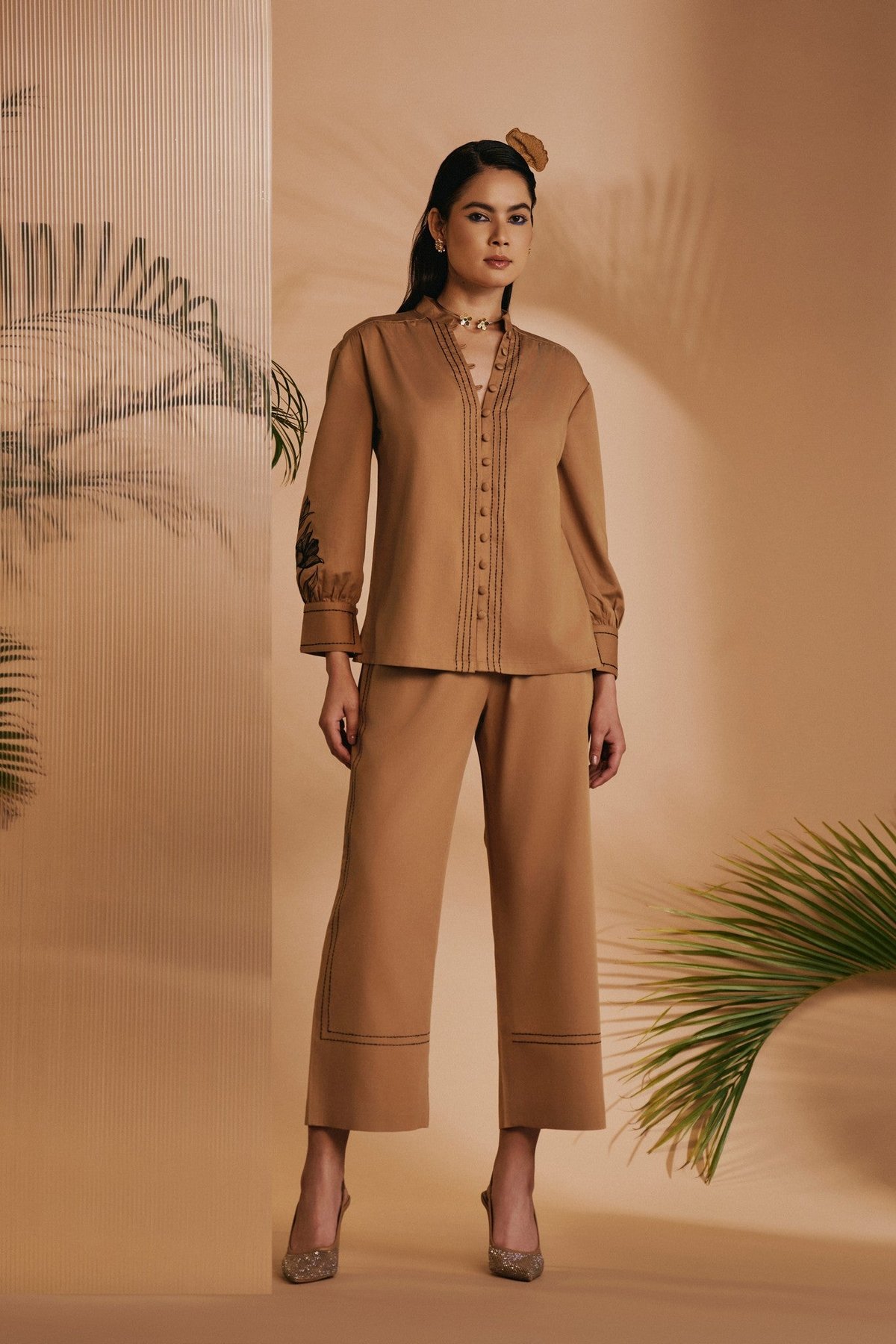 Brown Cotton Satin Embroidered Co-ord Set