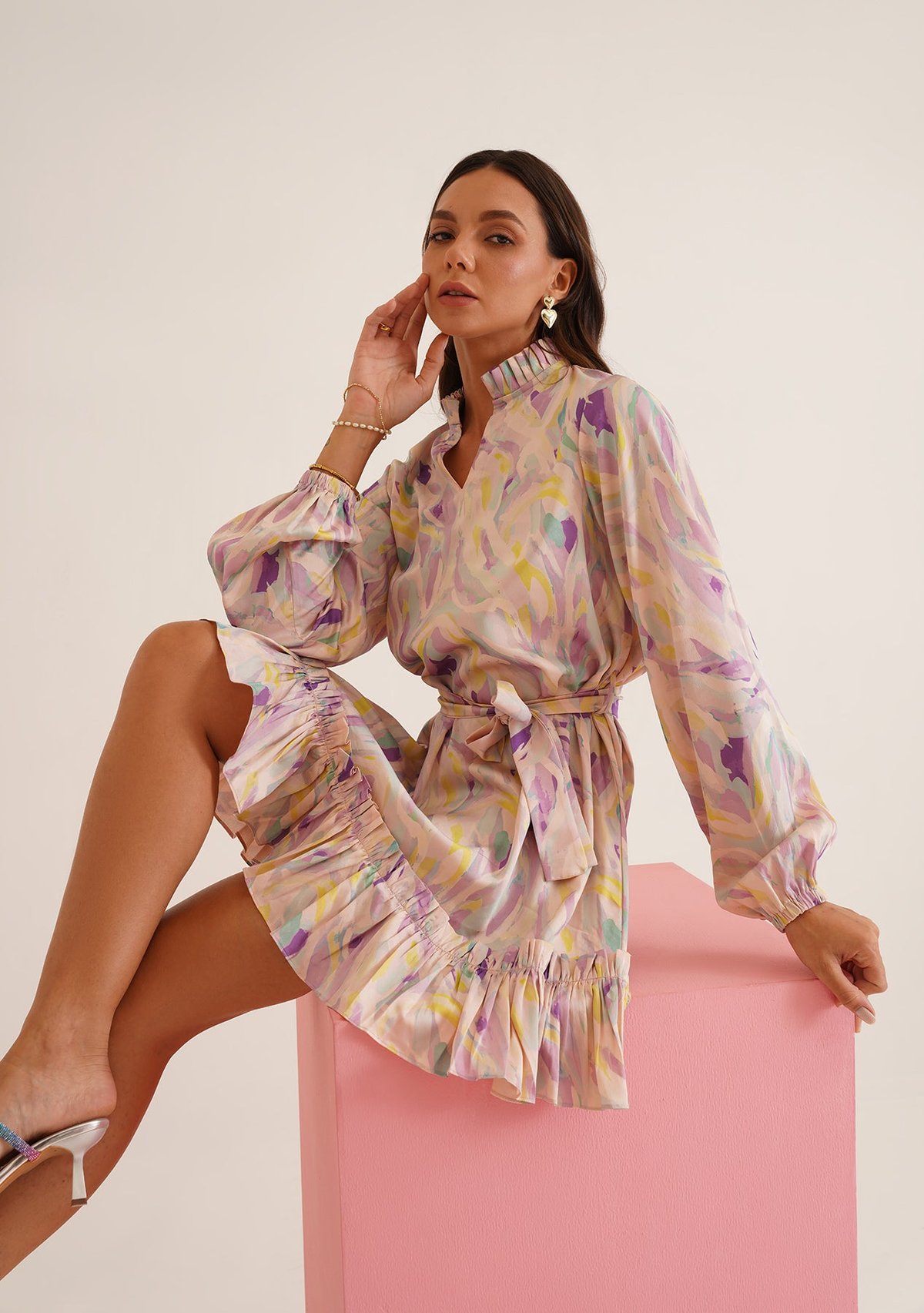 Pastel Abstract Printed Satin Fit and Flare Mini Dress