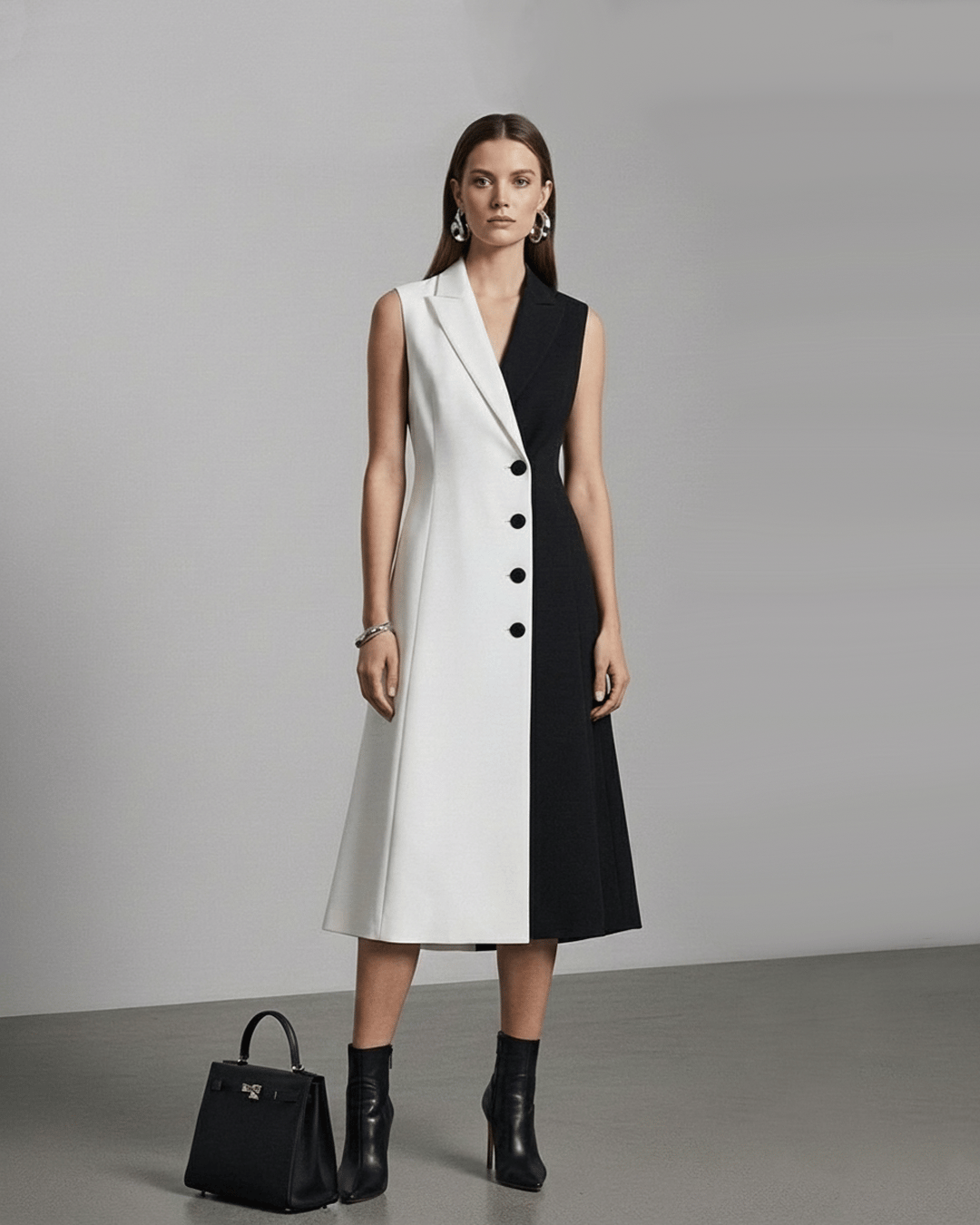 Black and White Colorblock Lapel Collar Midi Dress