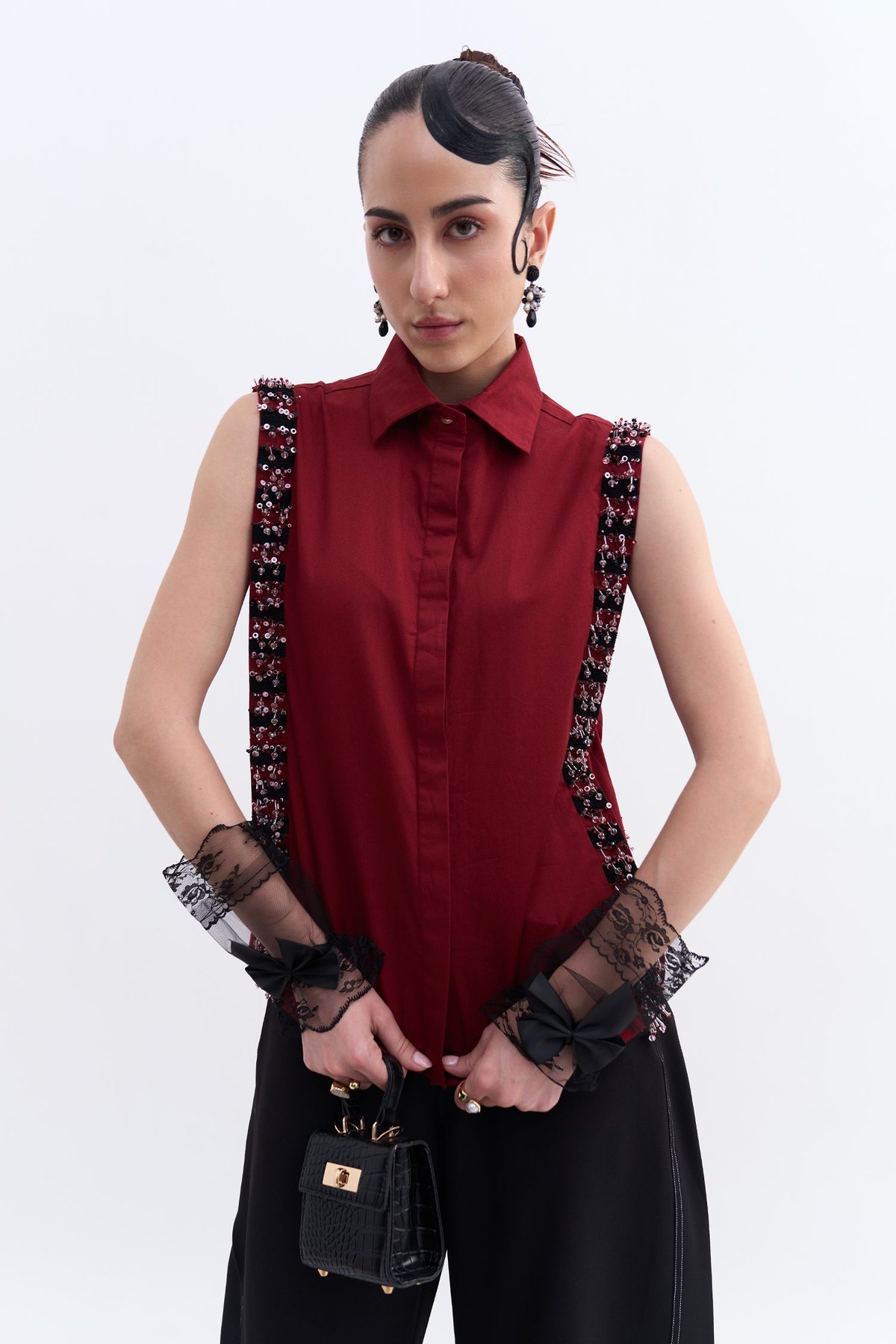 Plum Cotton Twill Sleeveless Shirt with Embellished Panels